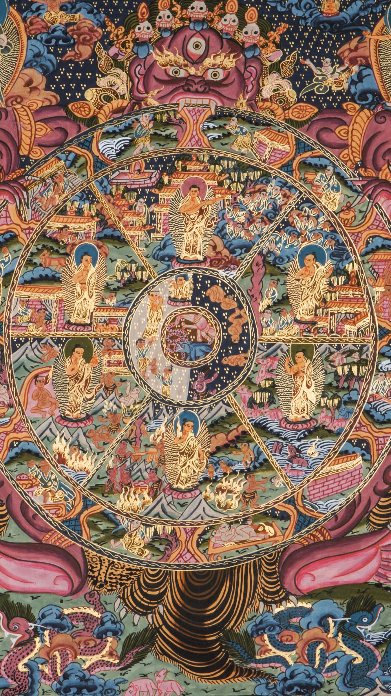 The Wheel of Life Thangka, or Bhavachakra, is a traditional Tibetan Buddhist painting that shows the cycle of birth, death, and rebirth. Handcrafted with natural pigments, this thangka illustrates karma, suffering, and the path to enlightenment, making it a meaningful addition to any meditation or sacred space. 