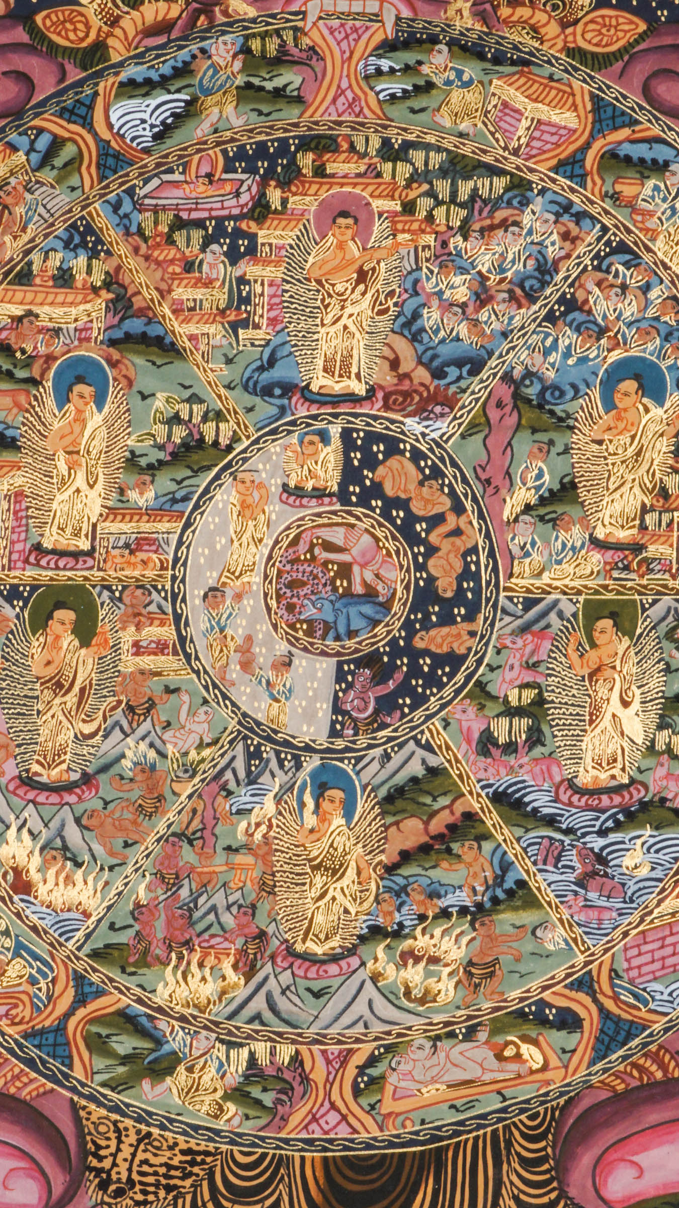The Wheel of Life Thangka, or Bhavachakra, is a traditional Tibetan Buddhist painting that shows the cycle of birth, death, and rebirth. Handcrafted with natural pigments, this thangka illustrates karma, suffering, and the path to enlightenment, making it a meaningful addition to any meditation or sacred space. 