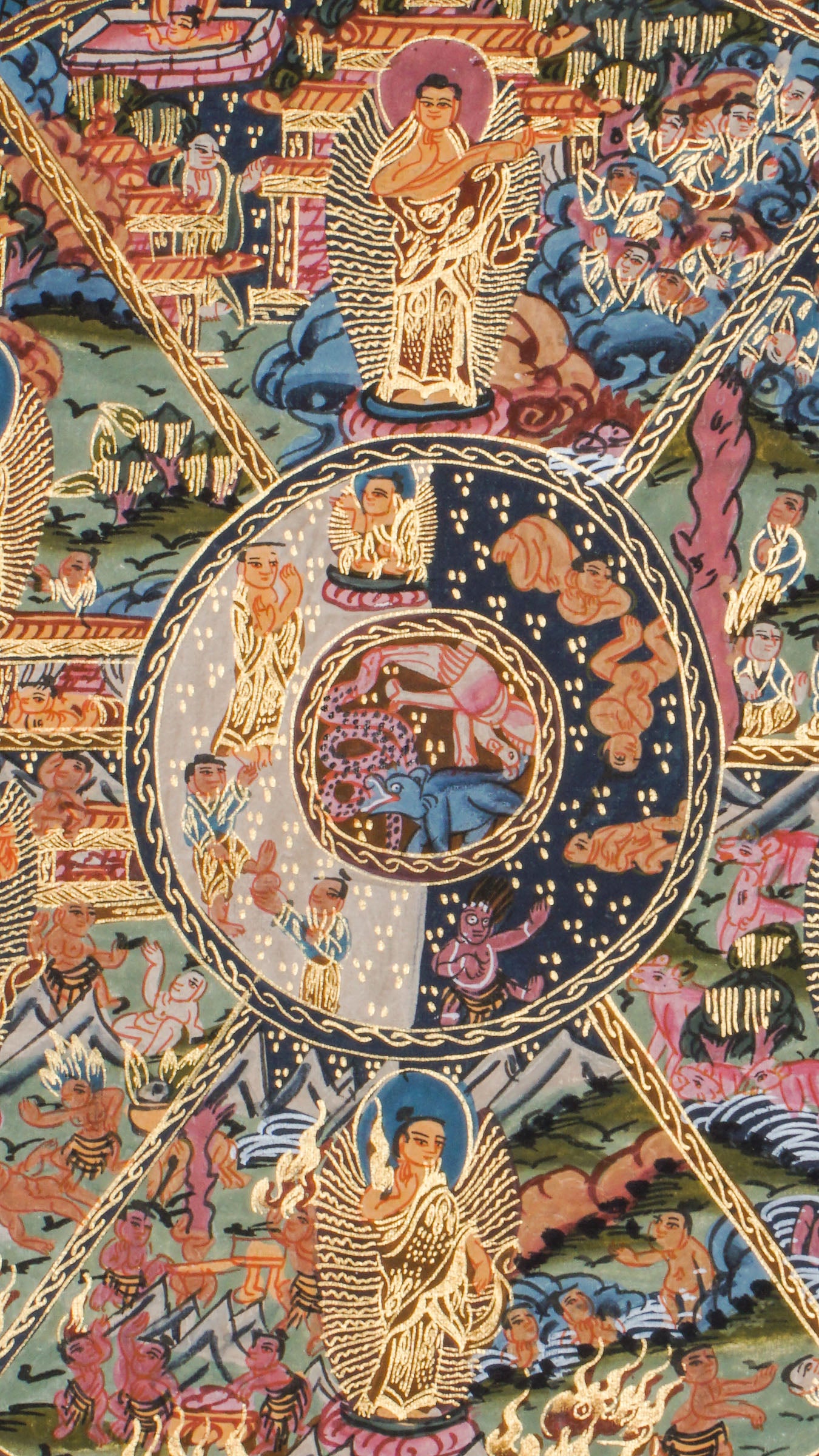 The Wheel of Life Thangka, or Bhavachakra, is a traditional Tibetan Buddhist painting that shows the cycle of birth, death, and rebirth. Handcrafted with natural pigments, this thangka illustrates karma, suffering, and the path to enlightenment, making it a meaningful addition to any meditation or sacred space. 