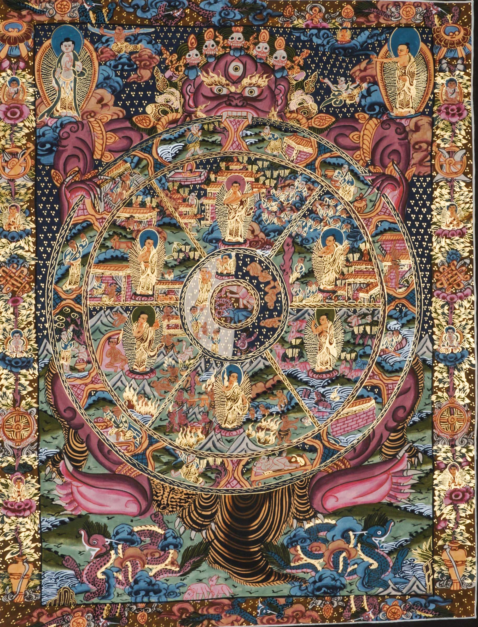 The Wheel of Life Thangka, or Bhavachakra, is a traditional Tibetan Buddhist painting that shows the cycle of birth, death, and rebirth. Handcrafted with natural pigments, this thangka illustrates karma, suffering, and the path to enlightenment, making it a meaningful addition to any meditation or sacred space.
