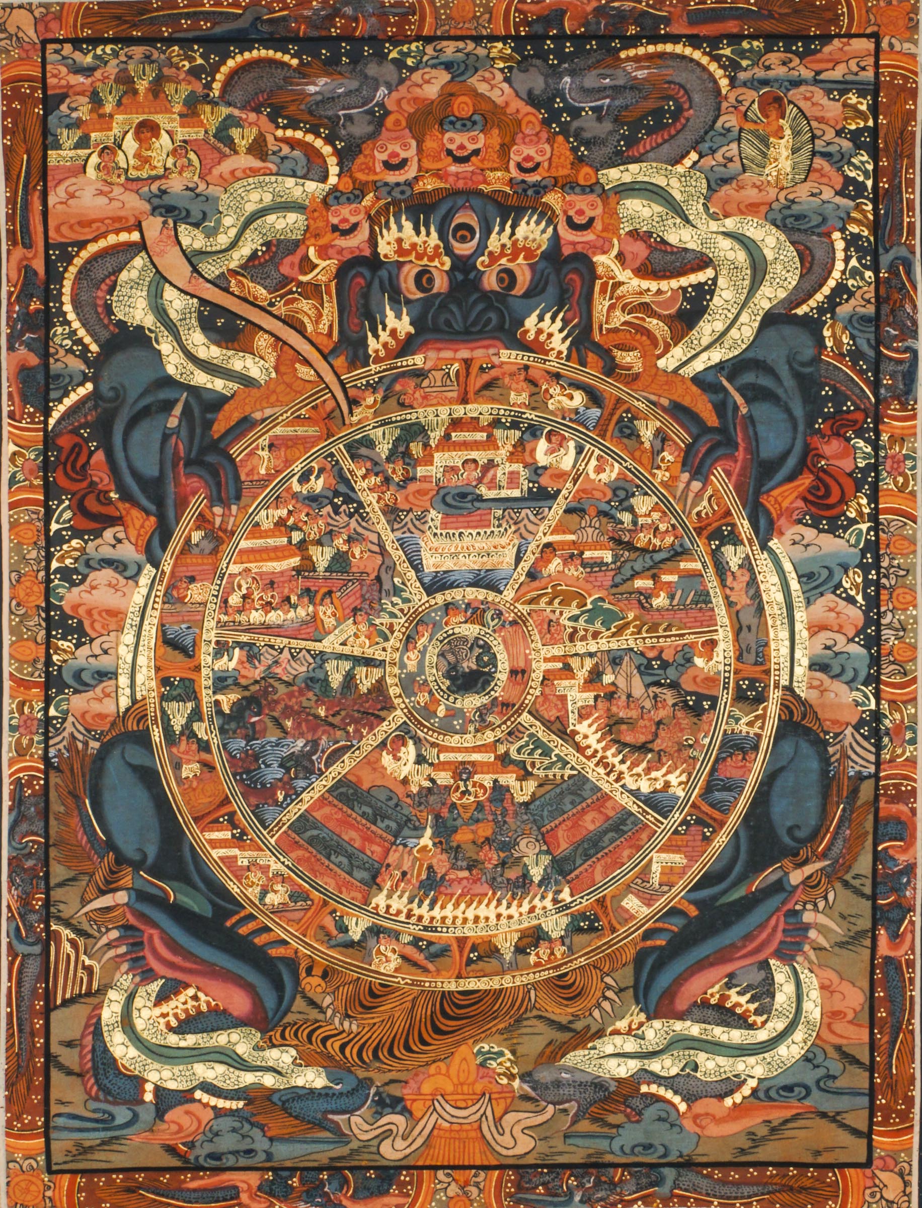 Genuine Wheel of Life Thangka depicts the cycle of birth and rebirth. Hand-painted with natural pigments, perfect for meditation and Tibetan Buddhist decor. 