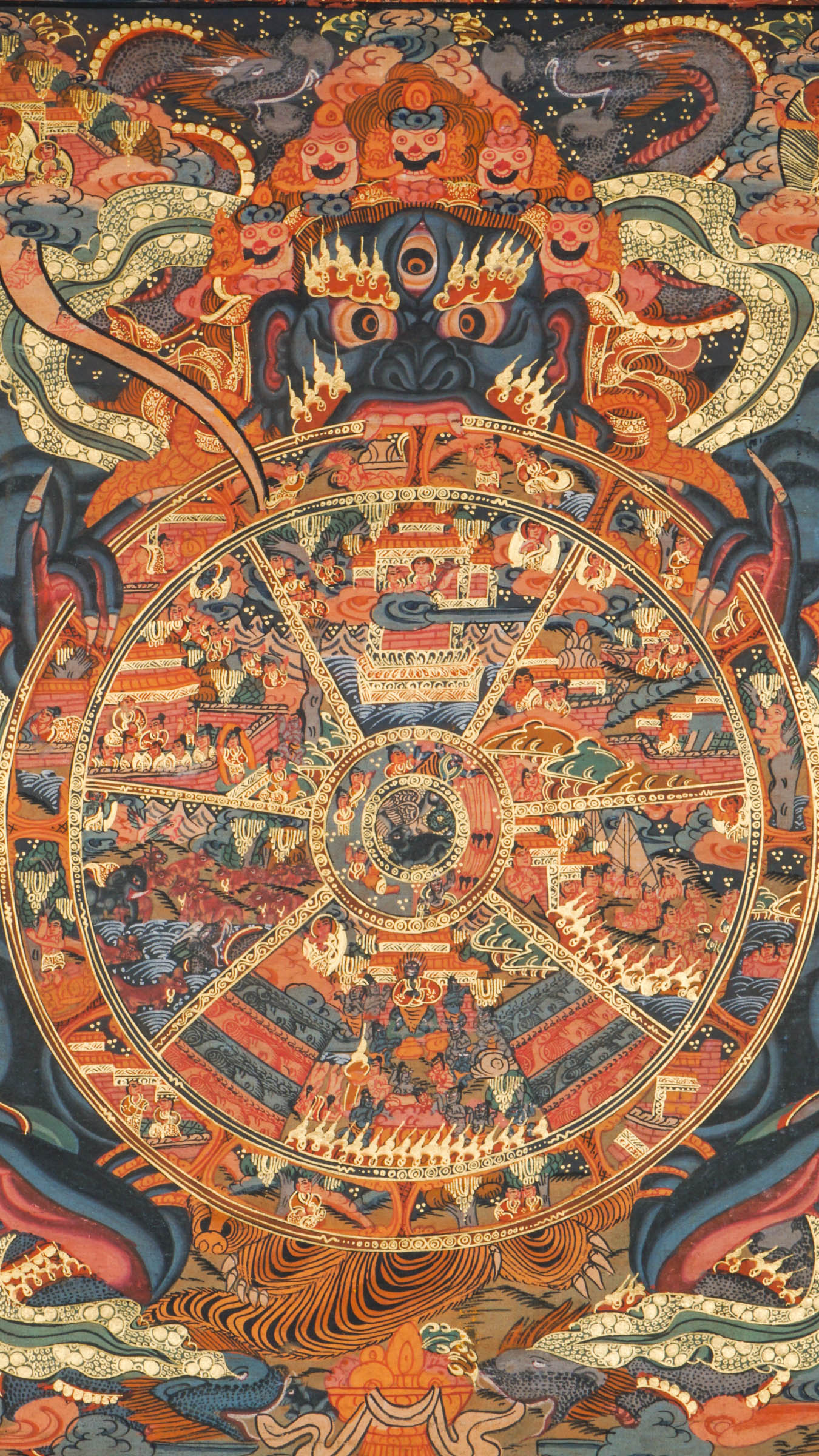 Genuine Wheel of Life Thangka depicts the cycle of birth and rebirth. Hand-painted with natural pigments, perfect for meditation and Tibetan Buddhist decor. 