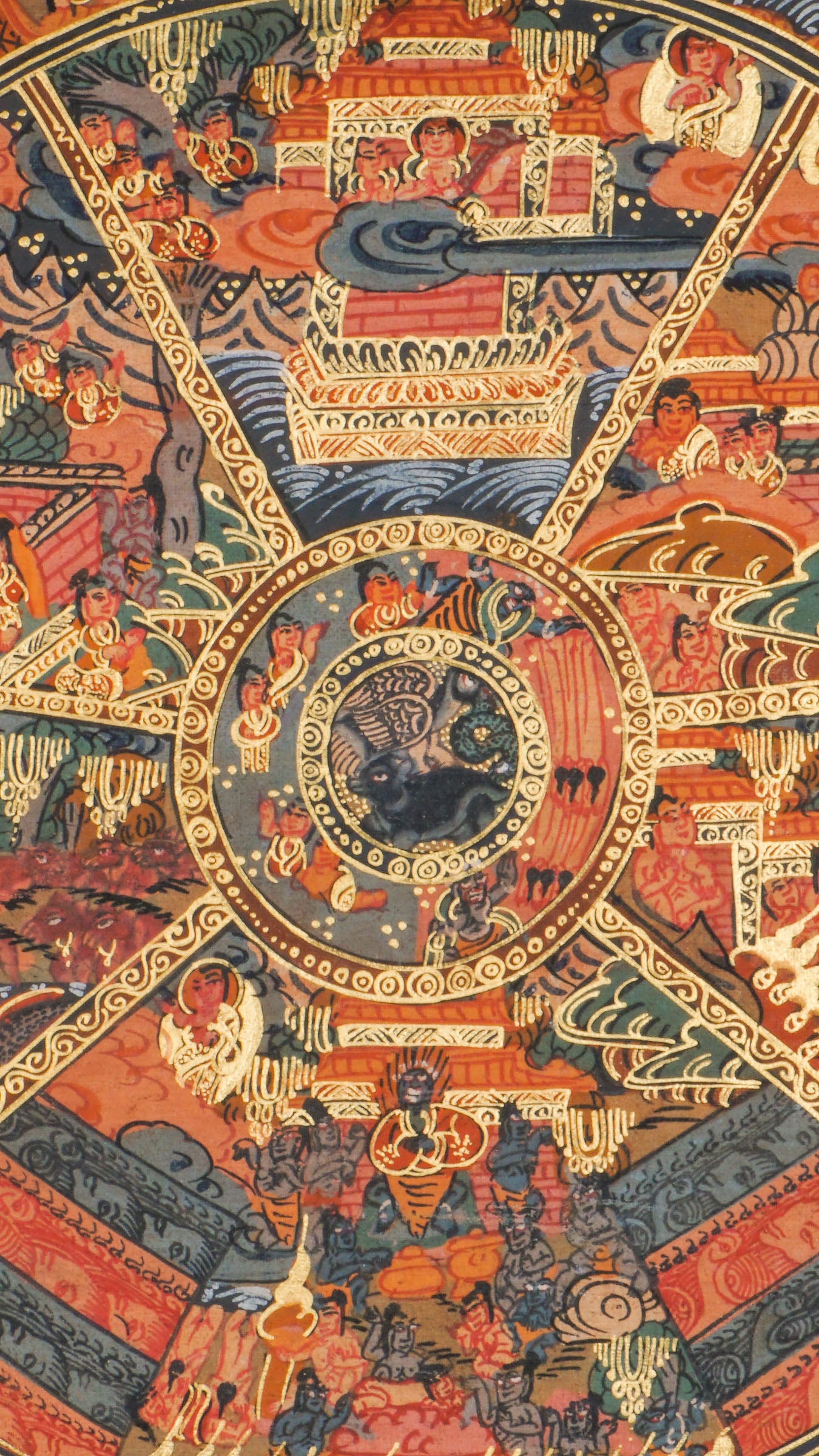 Genuine Wheel of Life Thangka depicts the cycle of birth and rebirth. Hand-painted with natural pigments, perfect for meditation and Tibetan Buddhist decor. 