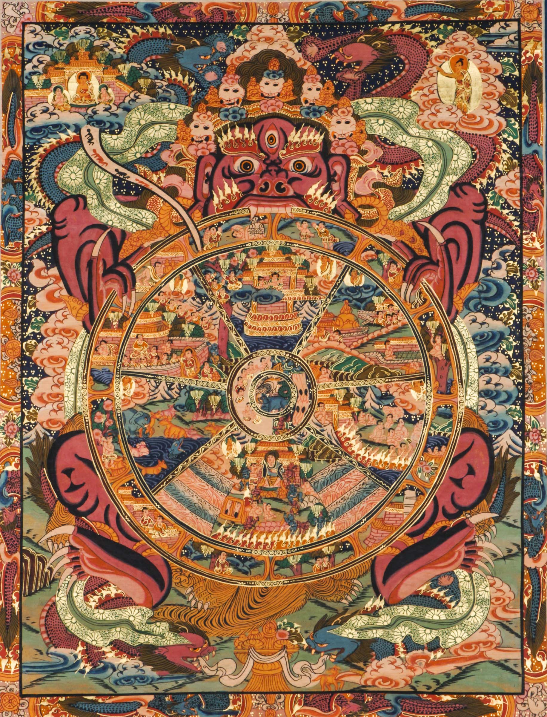 Genuine Wheel of Life Thangka depicts the cycle of birth and rebirth. Hand-painted with natural pigments, perfect for meditation and Tibetan Buddhist decor. 