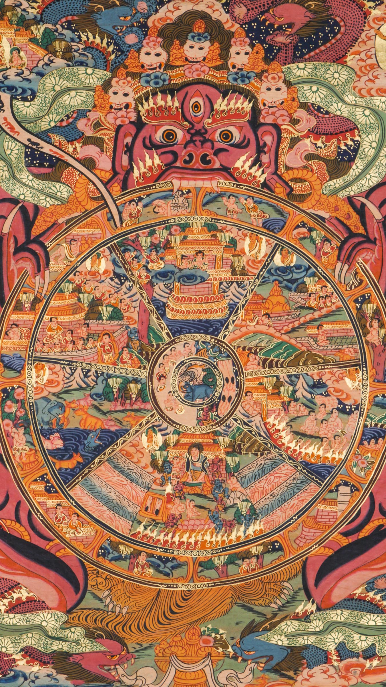 Genuine Wheel of Life Thangka depicts the cycle of birth and rebirth. Hand-painted with natural pigments, perfect for meditation and Tibetan Buddhist decor. 