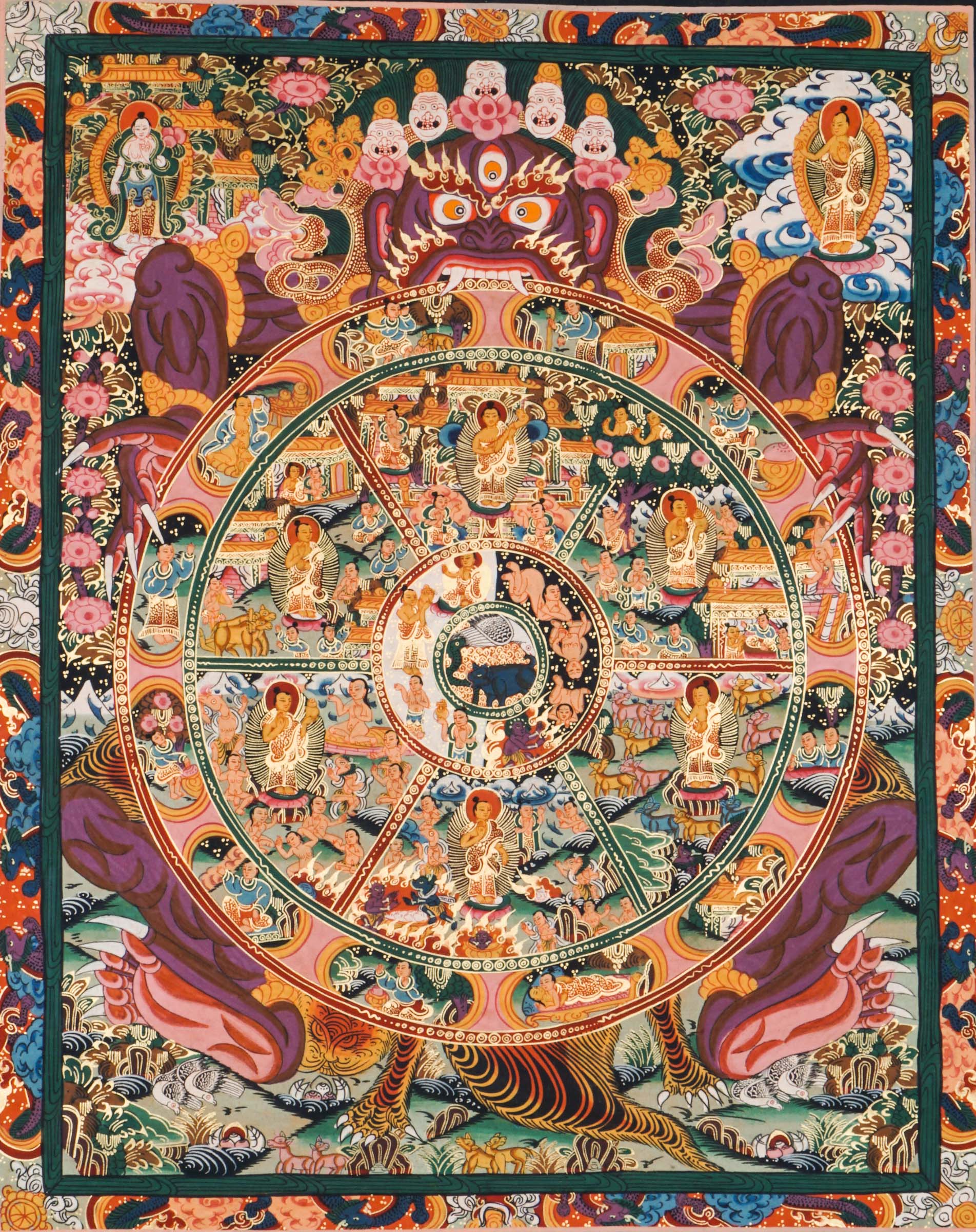 Genuine Wheel of Life Thangka depicts the cycle of birth and rebirth. Hand-painted with natural pigments, perfect for meditation and Tibetan Buddhist decor. 