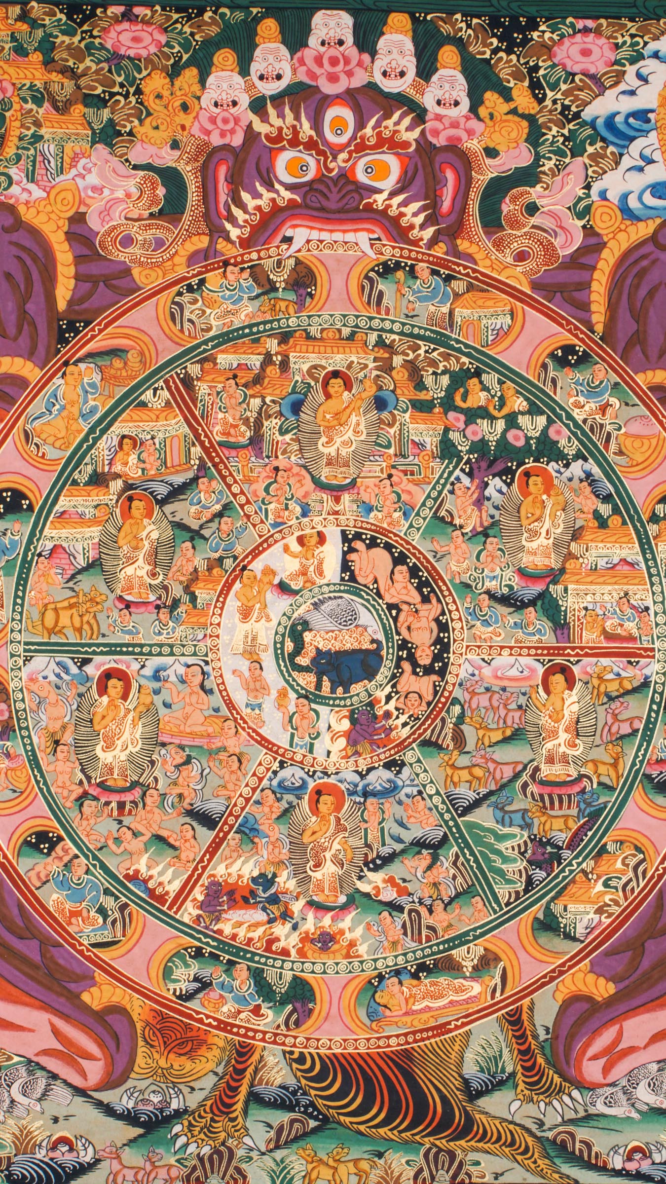 Genuine Wheel of Life Thangka depicts the cycle of birth and rebirth. Hand-painted with natural pigments, perfect for meditation and Tibetan Buddhist decor. 
