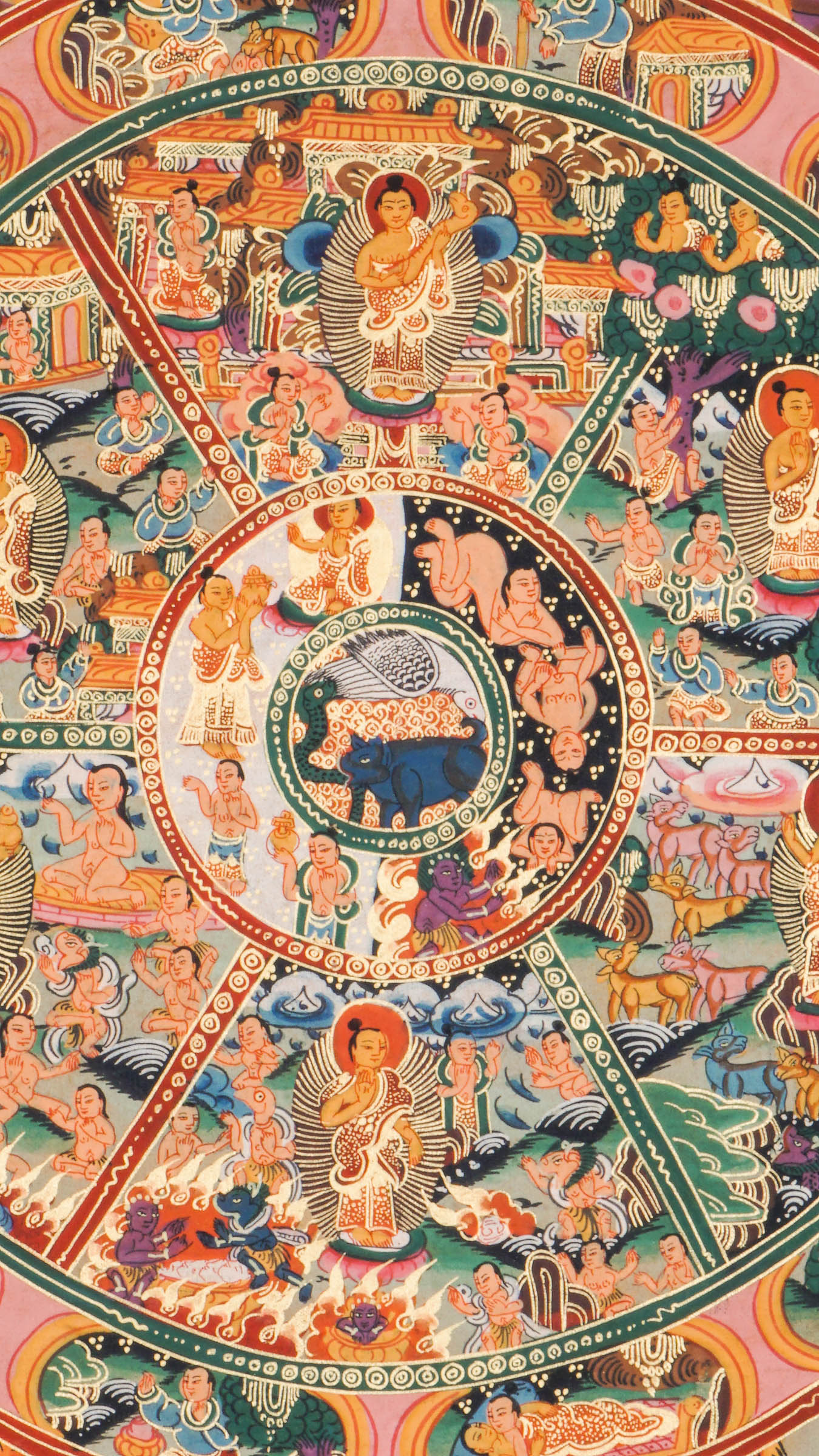 Genuine Wheel of Life Thangka depicts the cycle of birth and rebirth. Hand-painted with natural pigments, perfect for meditation and Tibetan Buddhist decor. 