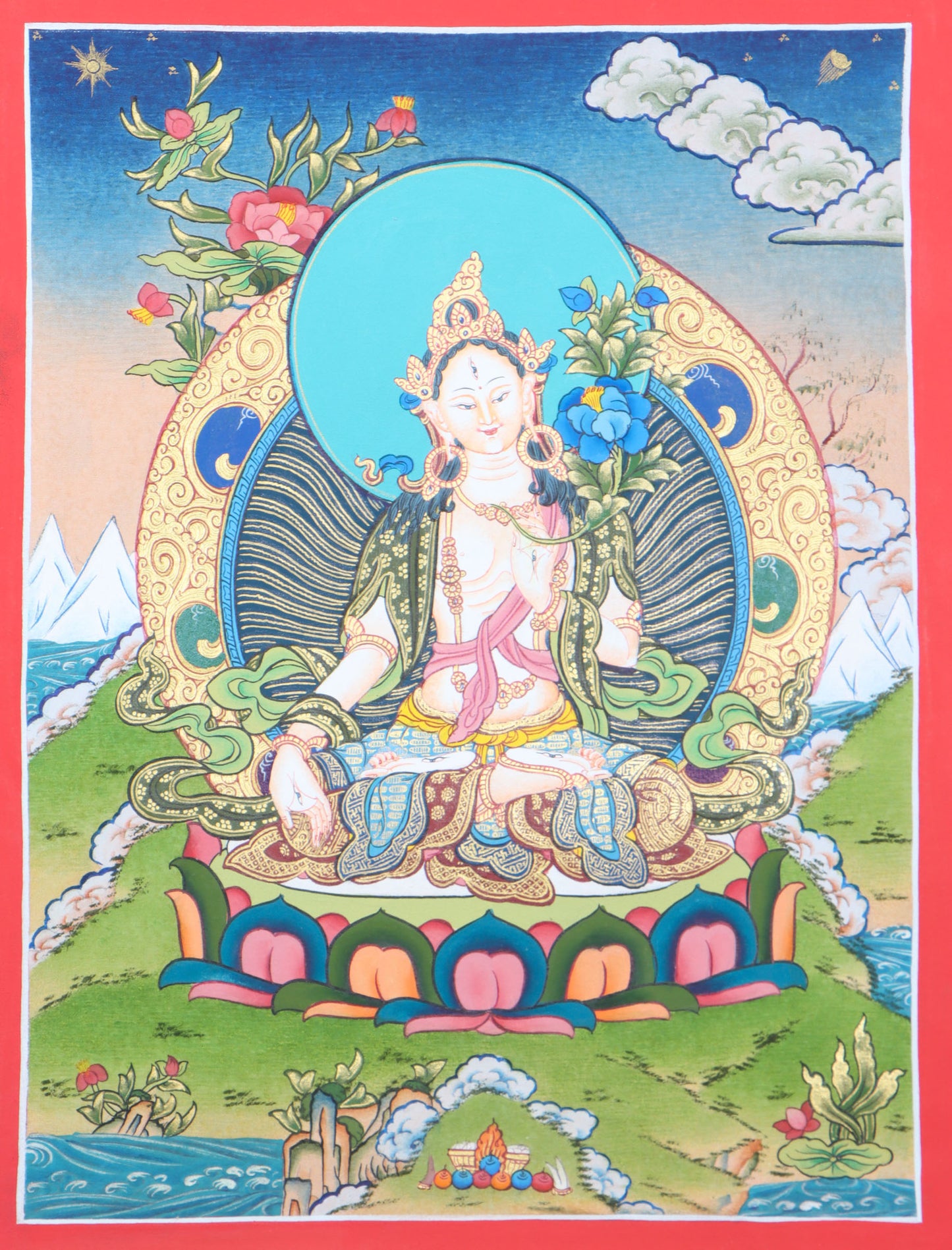 Tibetan White Tara Thangka painting for spiritual ambience in your home altar.