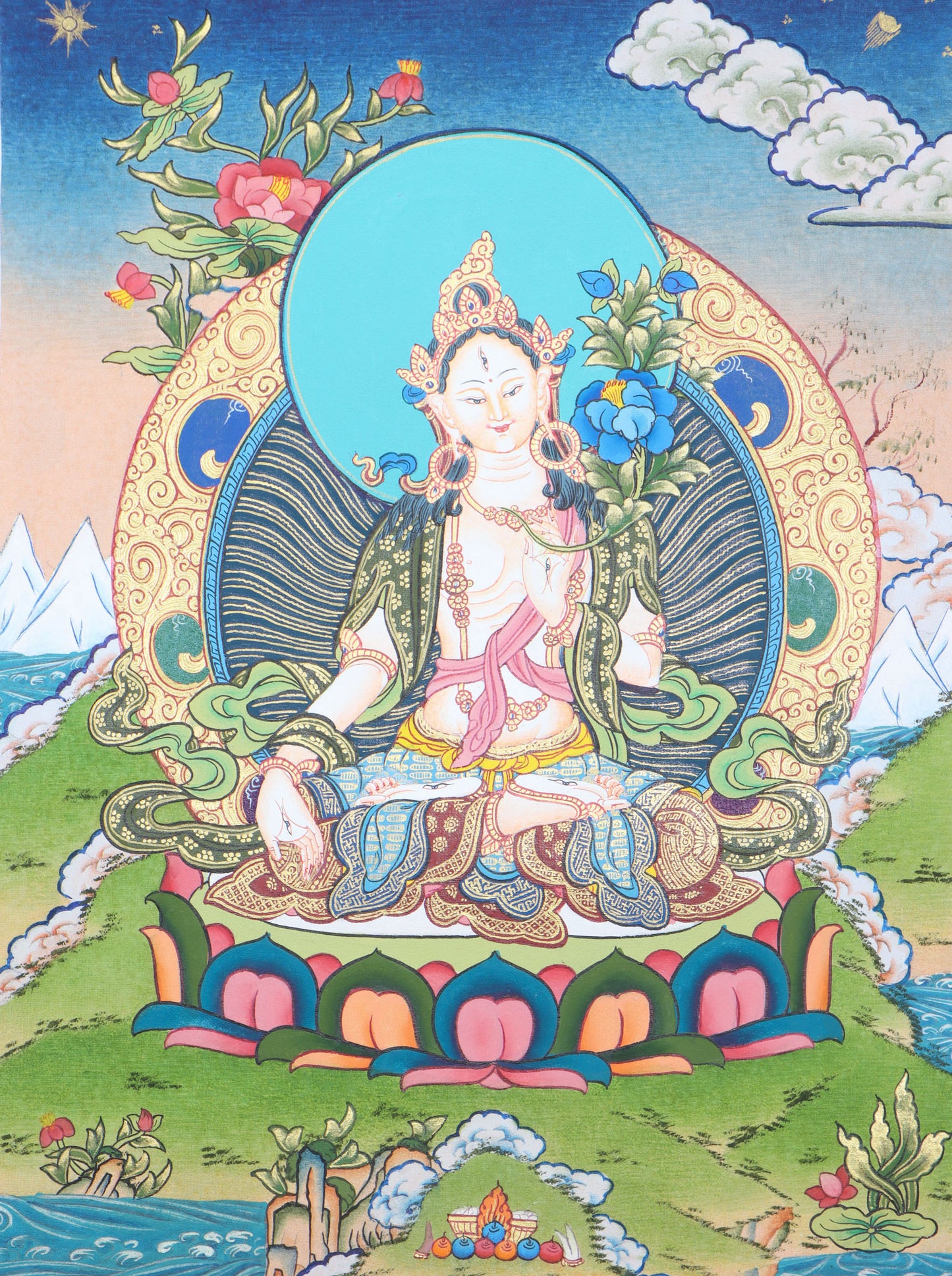 Tibetan White Tara Thangka painting for spiritual ambience in your home altar.