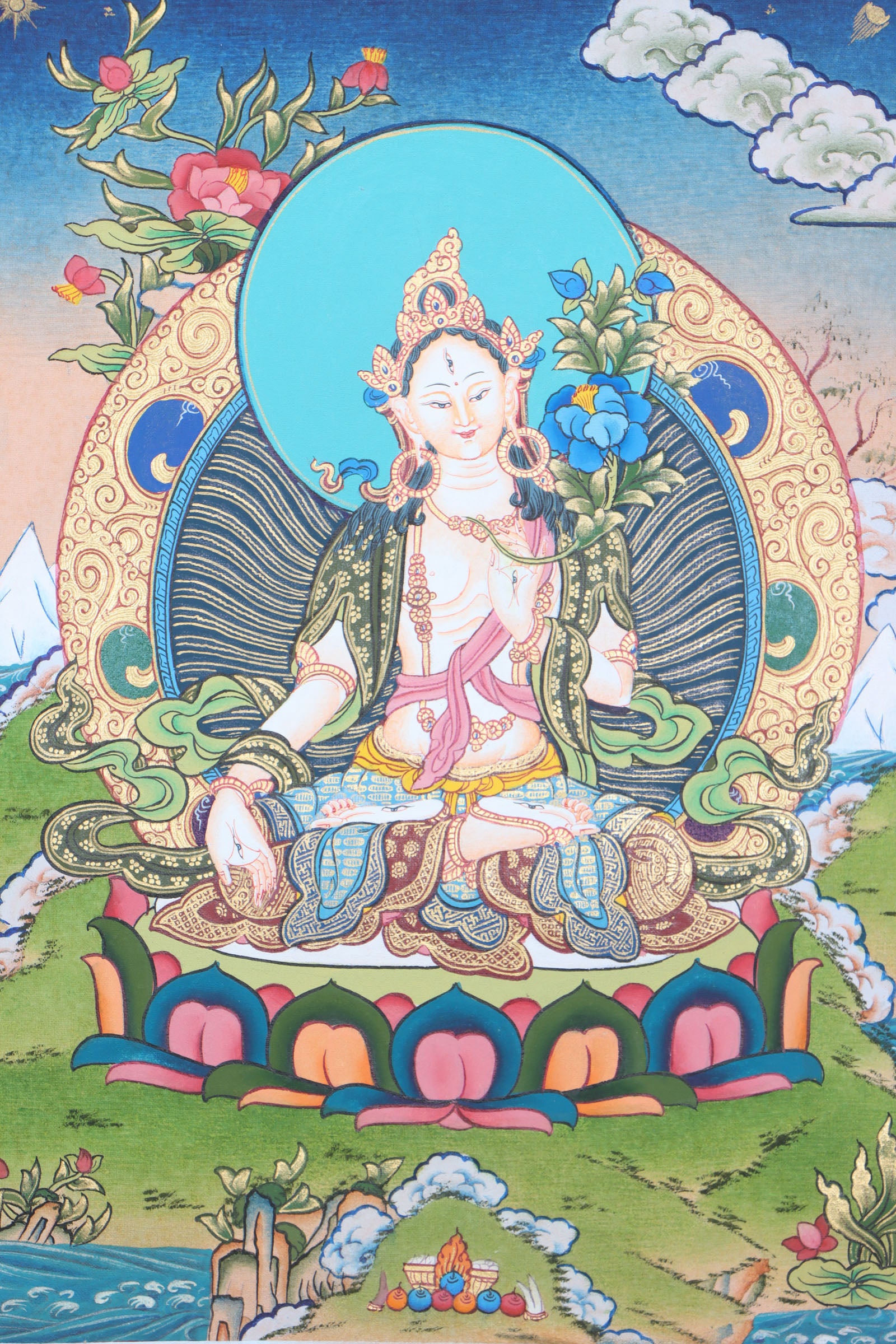 Tibetan White Tara Thangka painting for spiritual ambience in your home altar.