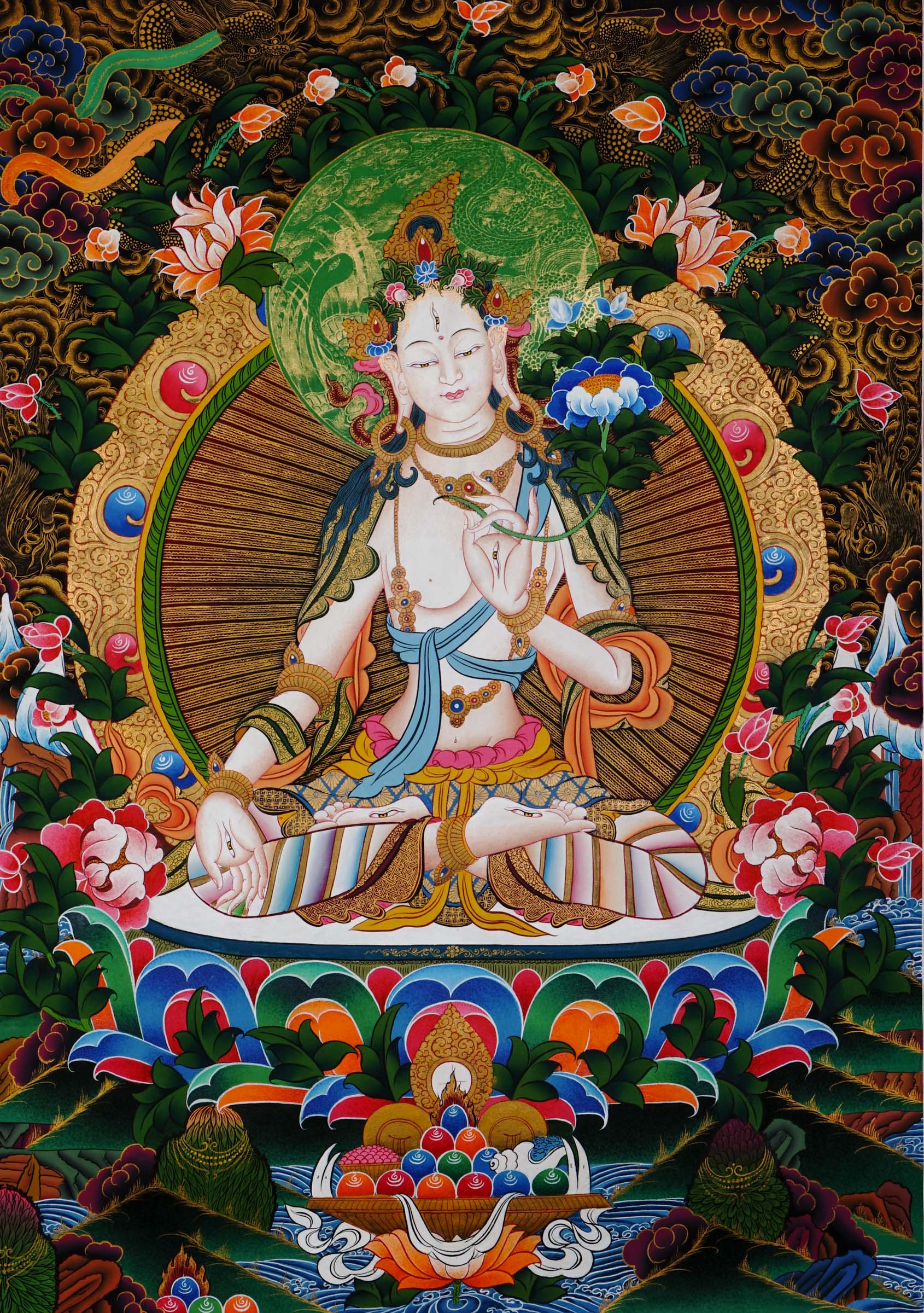 Hand-painted White Tara thangka from Kathmandu, Nepal, depicting the goddess of compassion and long life with seven eyes, seated on a lotus throne, holding a lotus stem, adorned with flowing robes, floral patterns, and gold accents.