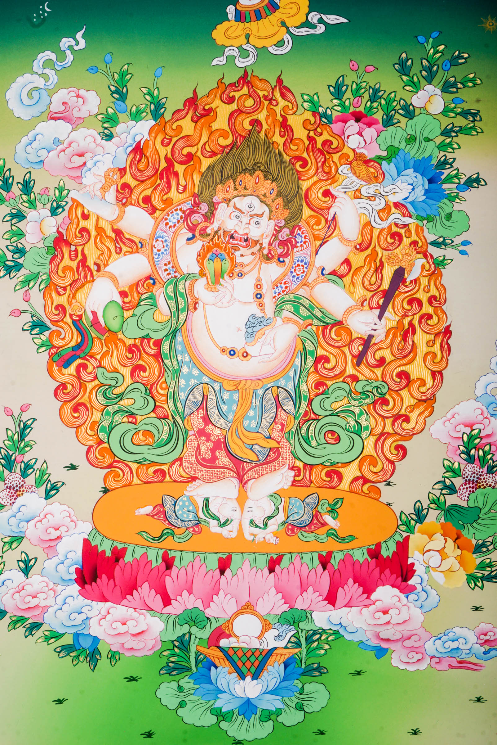 White Mahakala Thangka - a sacred hand-painted art of 6-armed White Mahakala standing on two elephant.