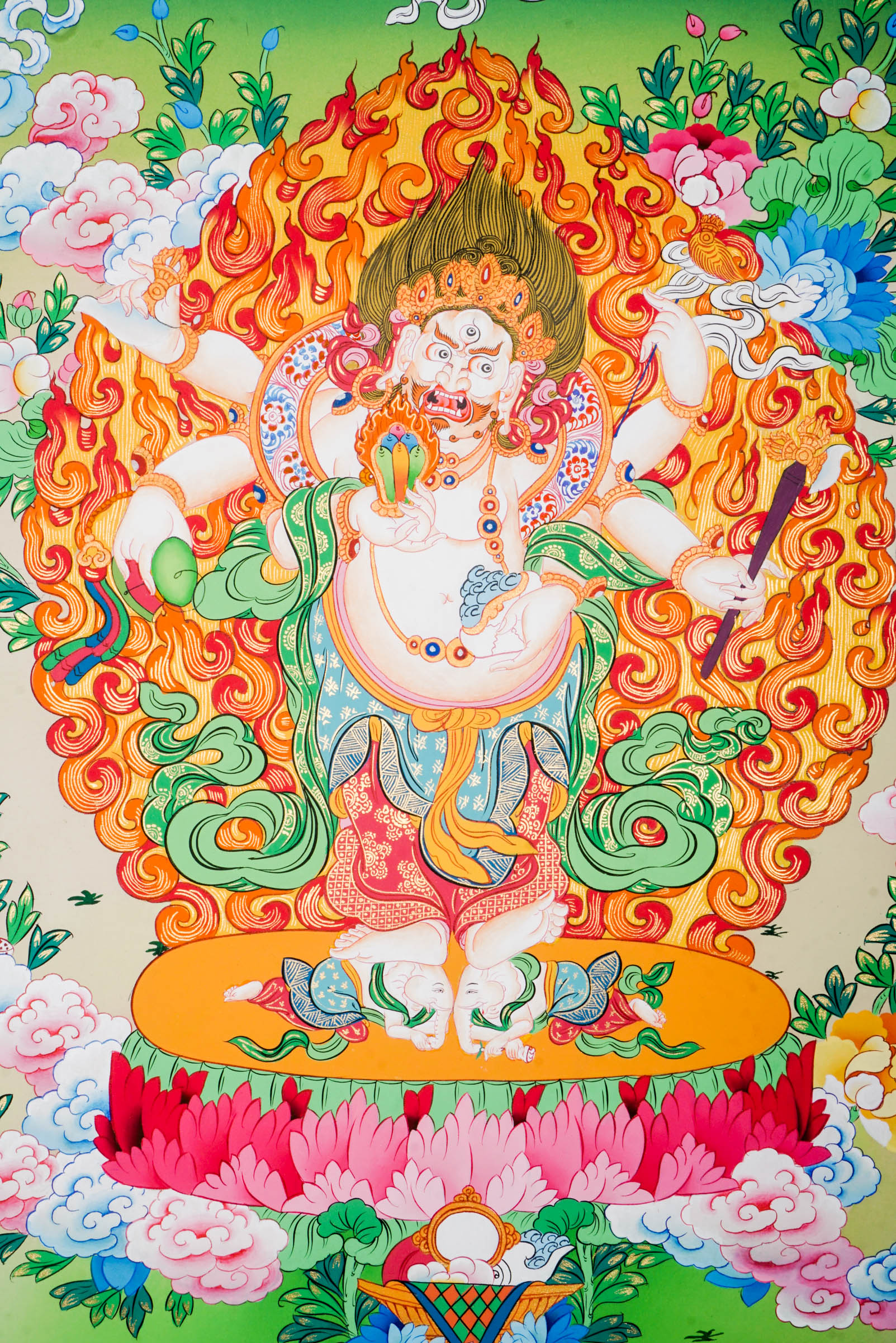 White Mahakala Thangka - a sacred hand-painted art of 6-armed White Mahakala standing on two elephant.