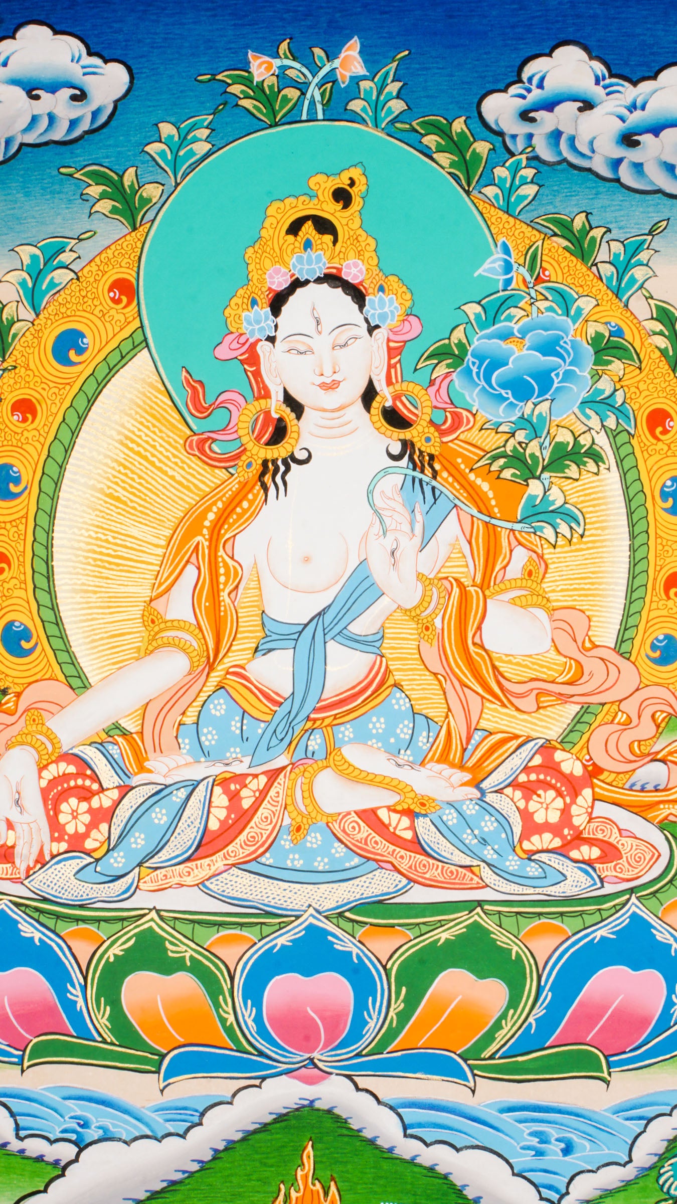 Beautiful hand-painted thangka art portraying White Tara, the bodhisattva of compassion with 24k gold and natural pigments.