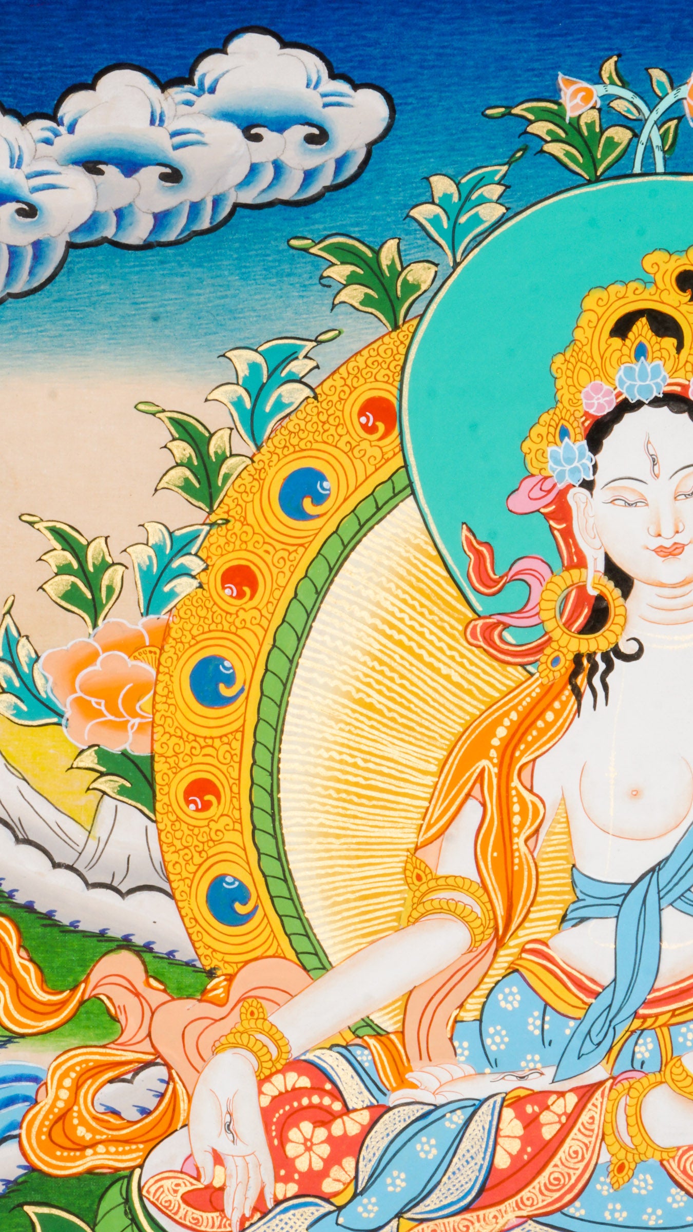 Beautiful hand-painted thangka art portraying White Tara, the bodhisattva of compassion with 24k gold and natural pigments.