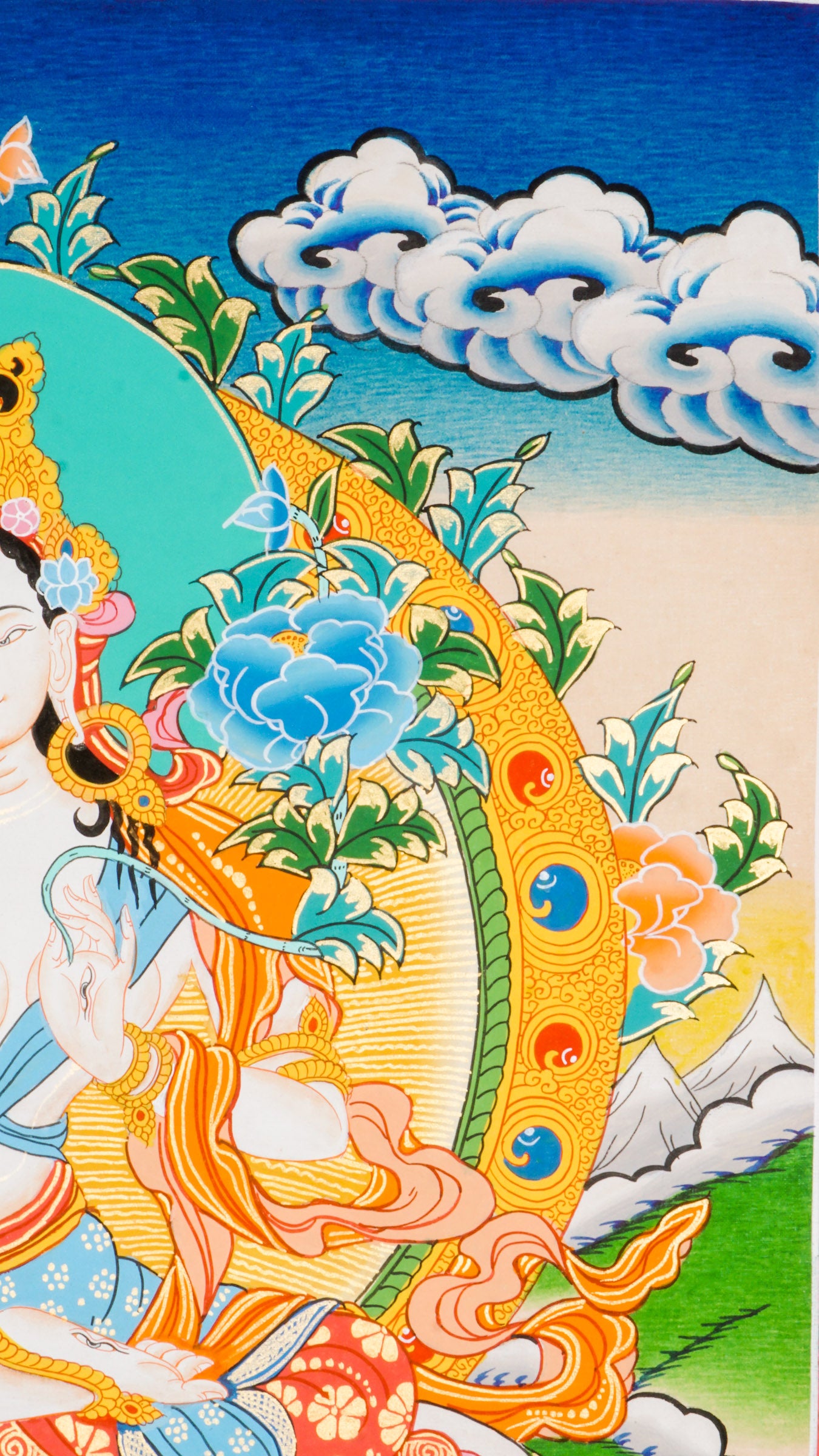 Beautiful hand-painted thangka art portraying White Tara, the bodhisattva of compassion with 24k gold and natural pigments.
