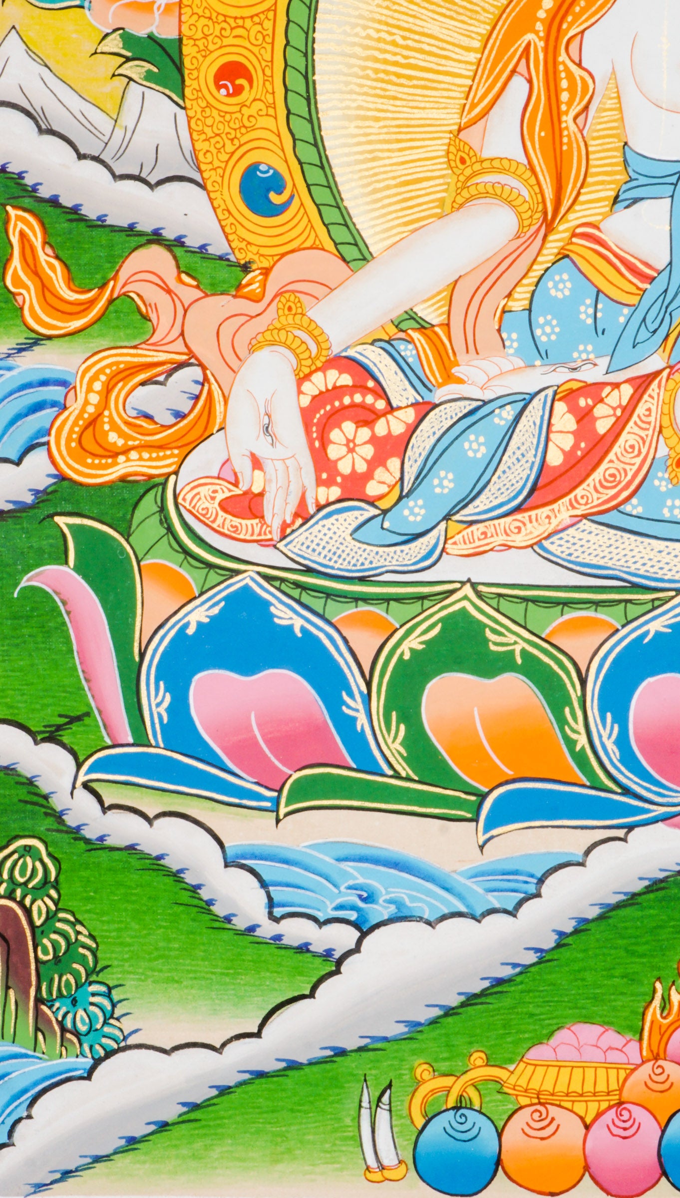 Beautiful hand-painted thangka art portraying White Tara, the bodhisattva of compassion with 24k gold and natural pigments.