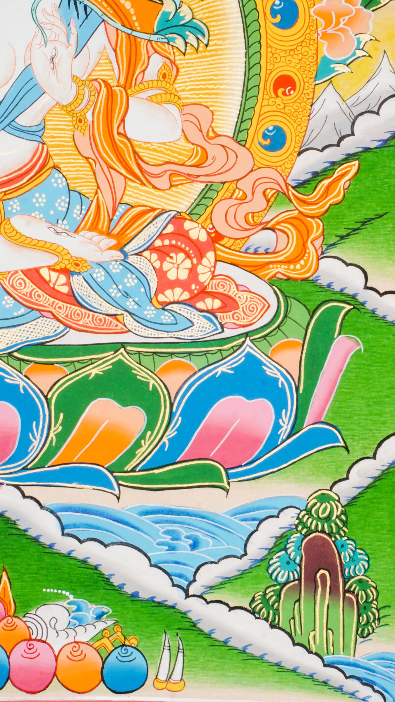 Beautiful hand-painted thangka art portraying White Tara, the bodhisattva of compassion with 24k gold and natural pigments.