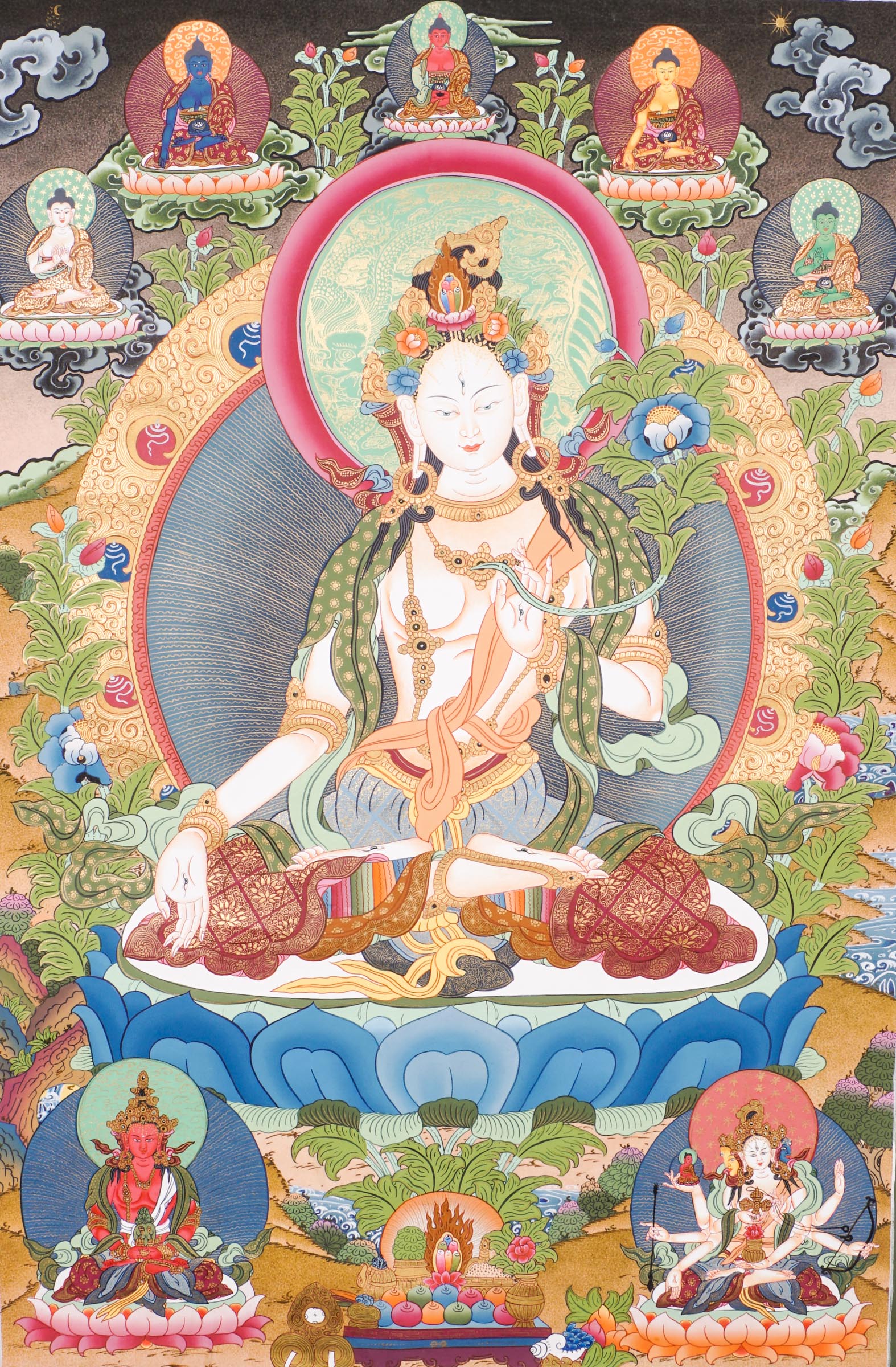 Exclusive Thangka painting of White Tara shown seated on a lotus throne, a symbol of purity and awakening.