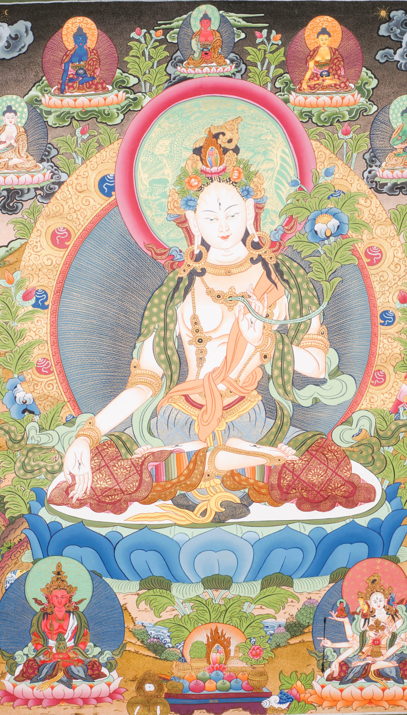 Exclusive Thangka painting of White Tara shown seated on a lotus throne, a symbol of purity and awakening.