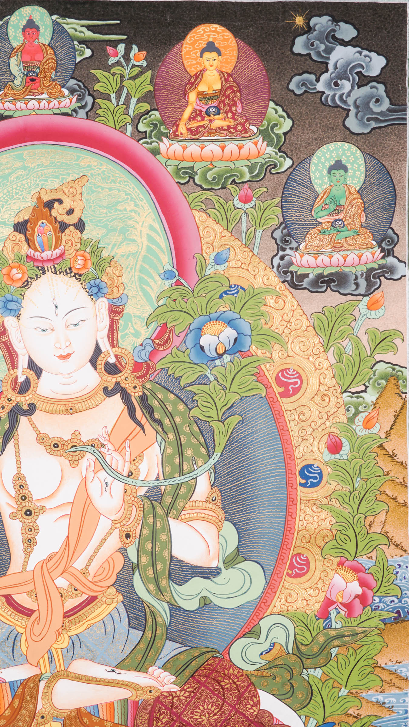 Exclusive Thangka painting of White Tara shown seated on a lotus throne, a symbol of purity and awakening.