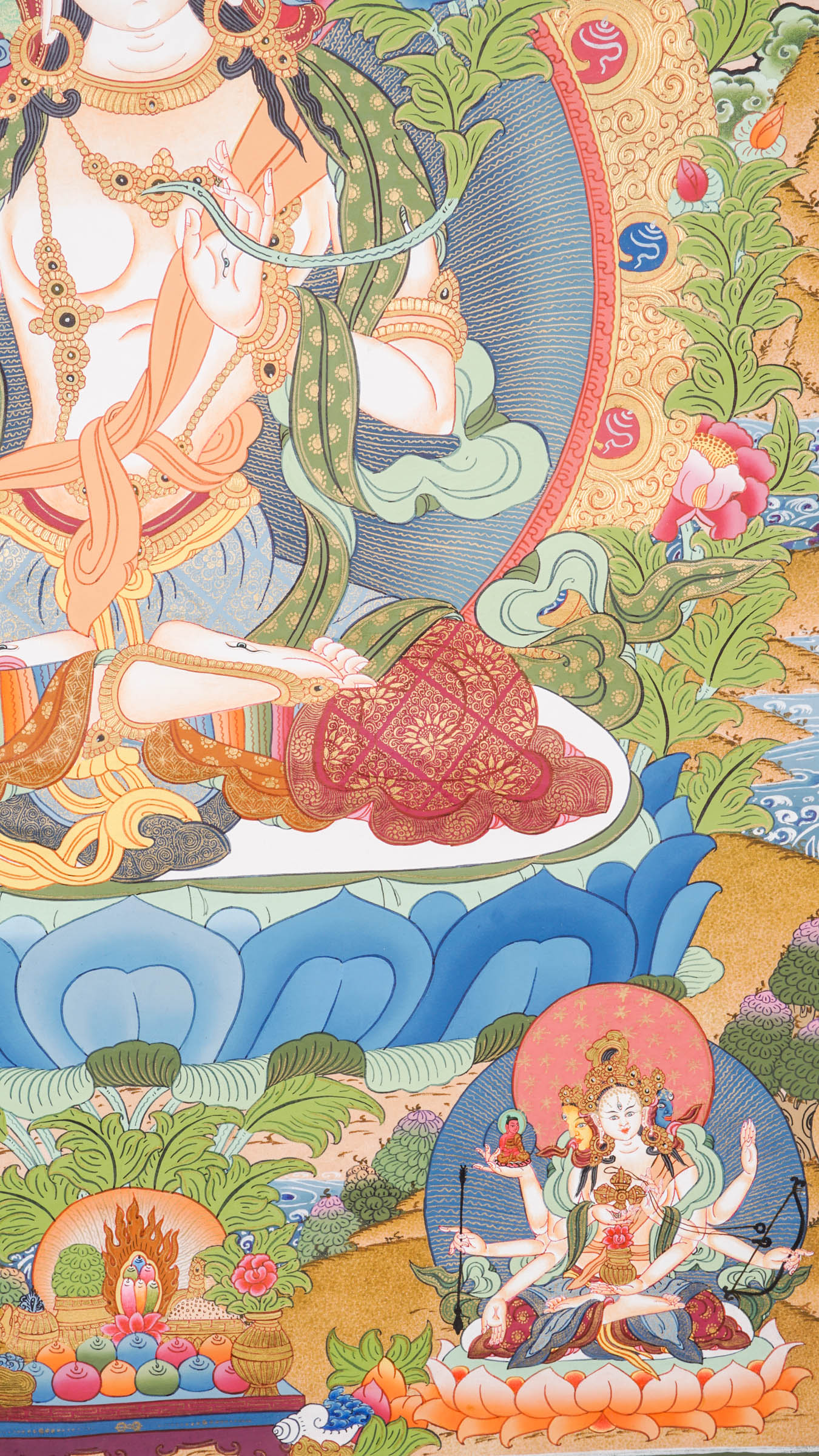 Exclusive Thangka painting of White Tara shown seated on a lotus throne, a symbol of purity and awakening.