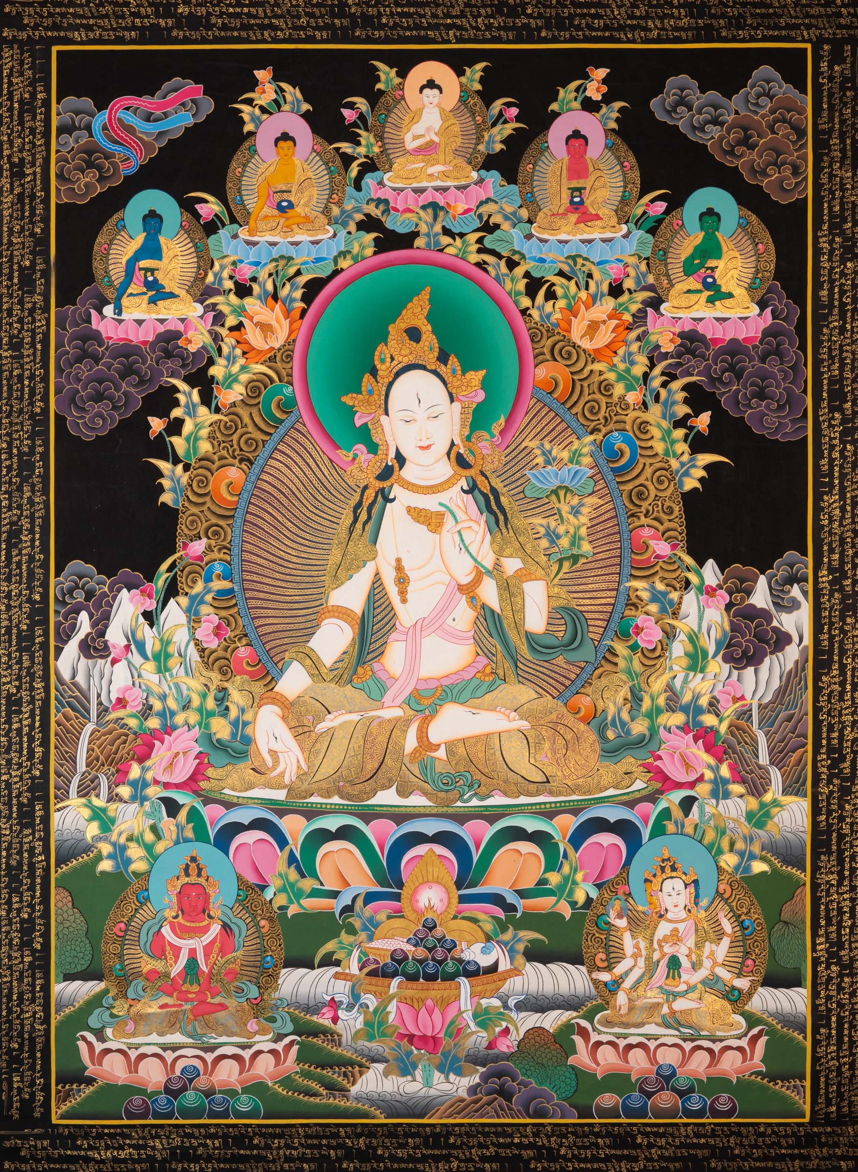 White Tara Thangka - a colorful depiction of a central figure with ornate surroundings 