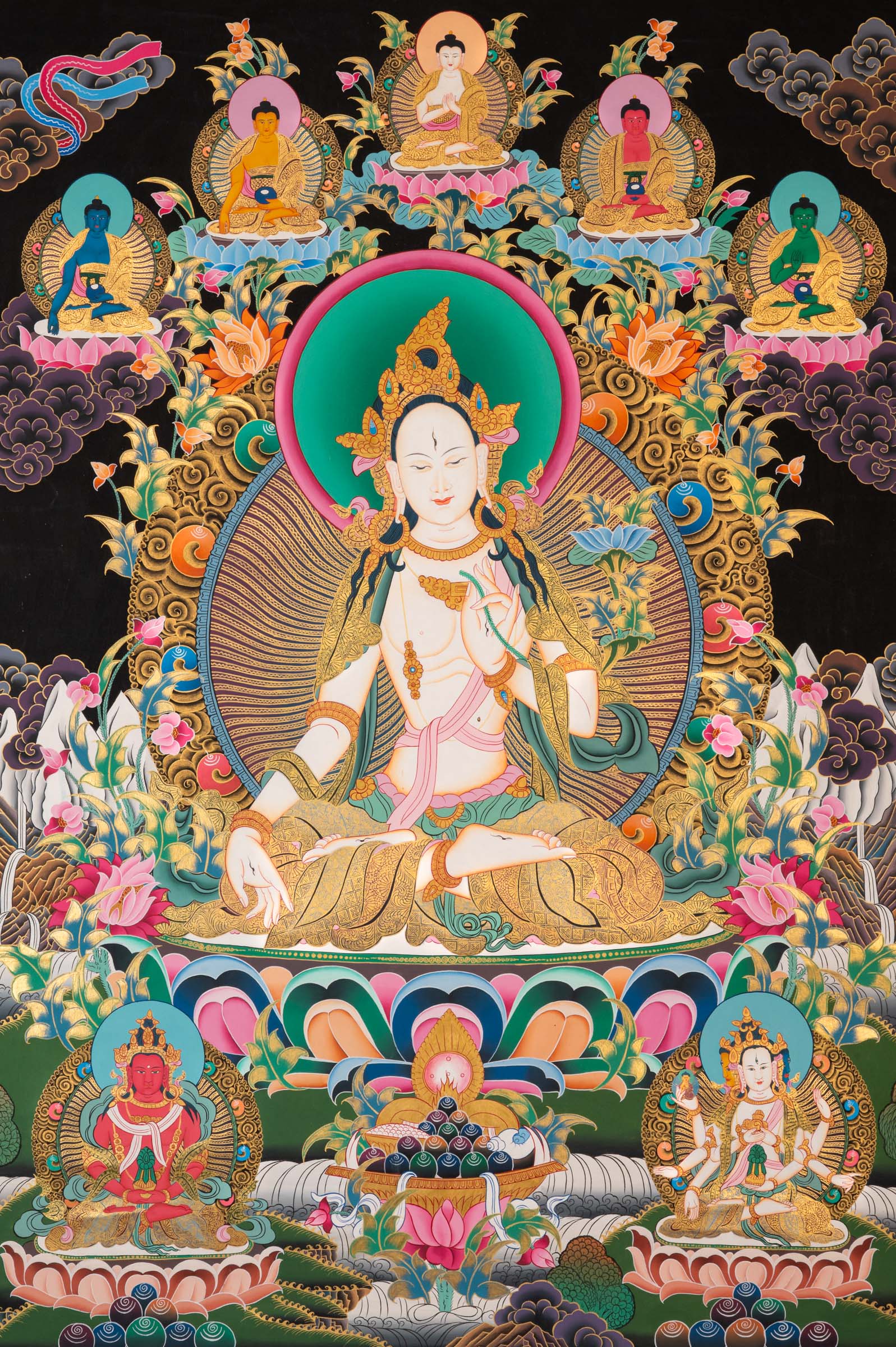 White Tara Thangka - a colorful depiction of a central figure with ornate surroundings 