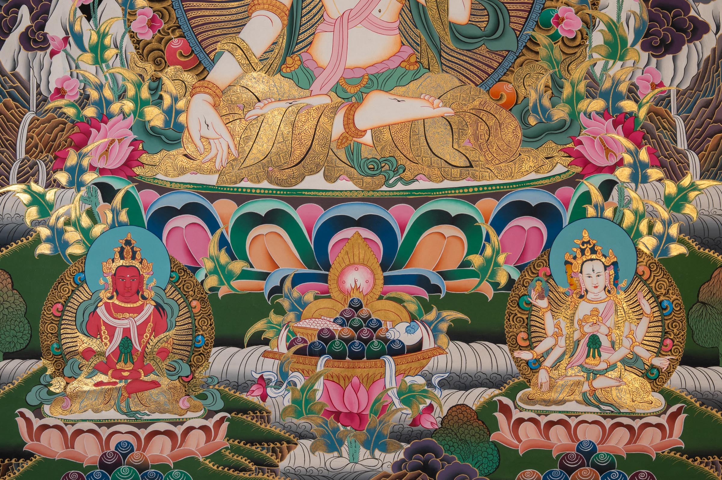 White Tara Thangka - a colorful depiction of a central figure with ornate surroundings 