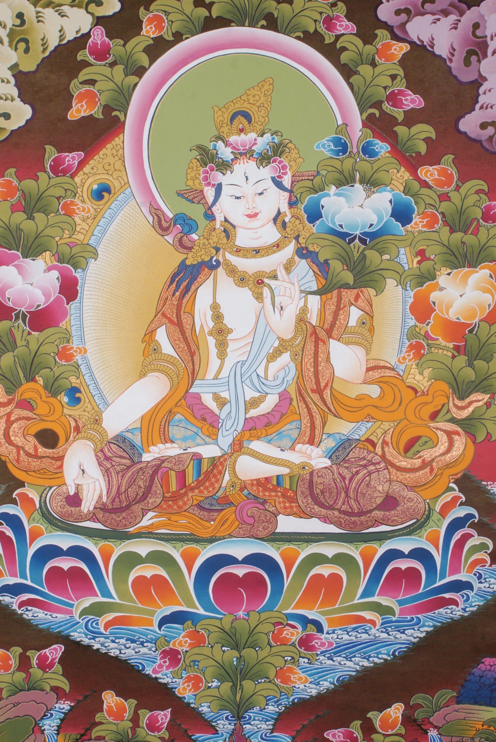 This genuine White Tara Thangka embodies compassion, healing, and longevity, hand-painted with traditional mineral pigments on authentic canvas. A radiant centerpiece for meditation or sacred space, it invites White Tara’s blessings of wisdom, protection, and spiritual growth.