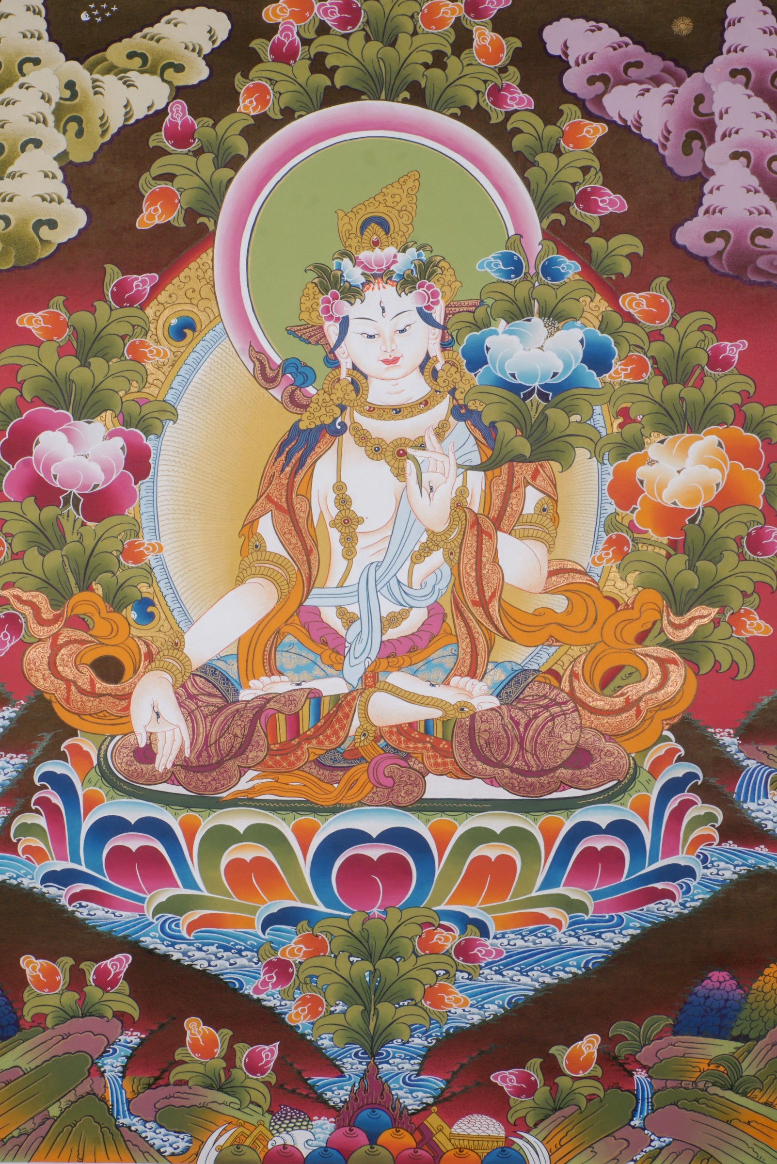 This genuine White Tara Thangka embodies compassion, healing, and longevity, hand-painted with traditional mineral pigments on authentic canvas. A radiant centerpiece for meditation or sacred space, it invites White Tara’s blessings of wisdom, protection, and spiritual growth.