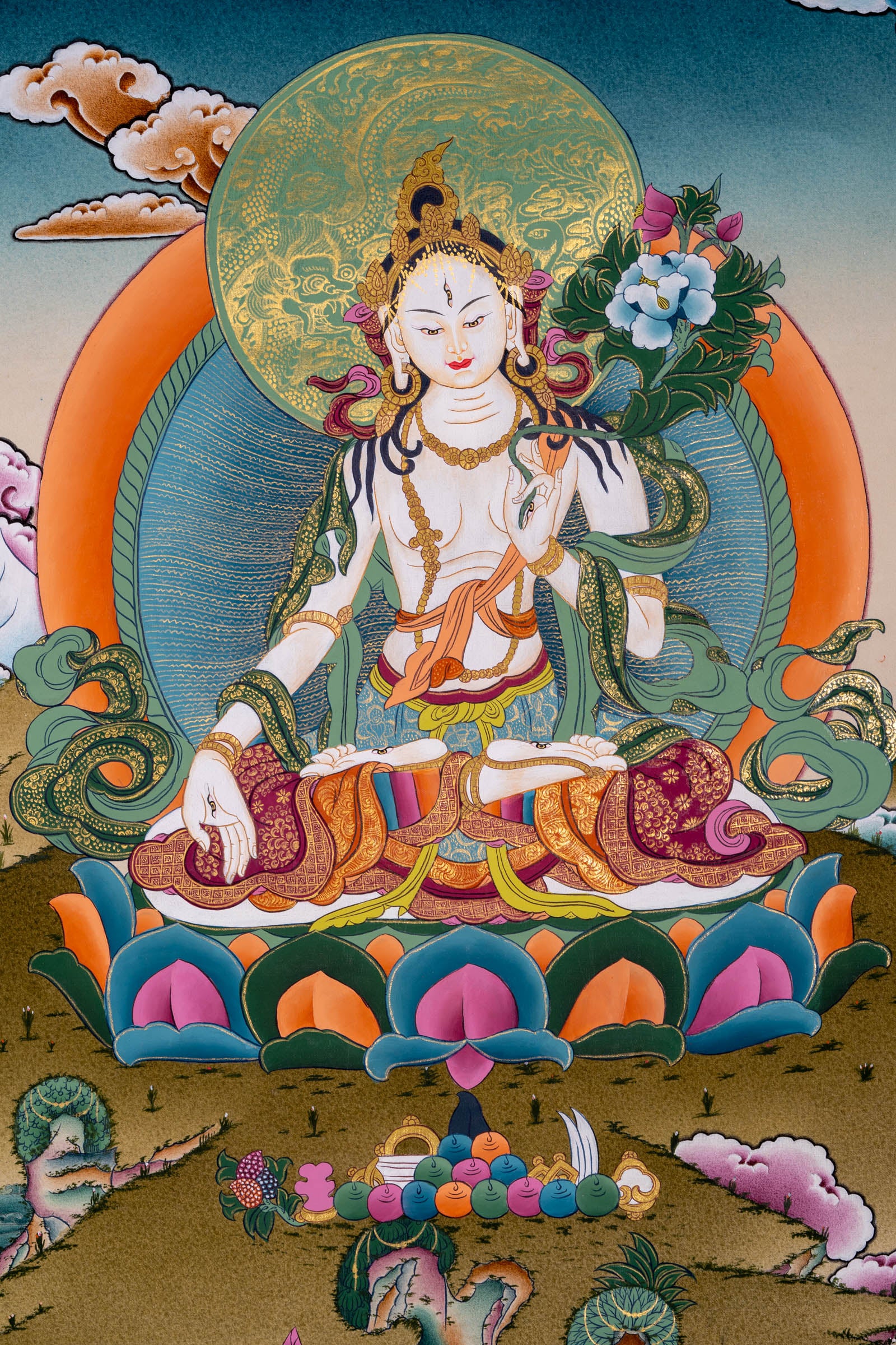 The White Tara Thangka Painting is a ideal for invoking tranquility and enlightenment in your home or sacred space.