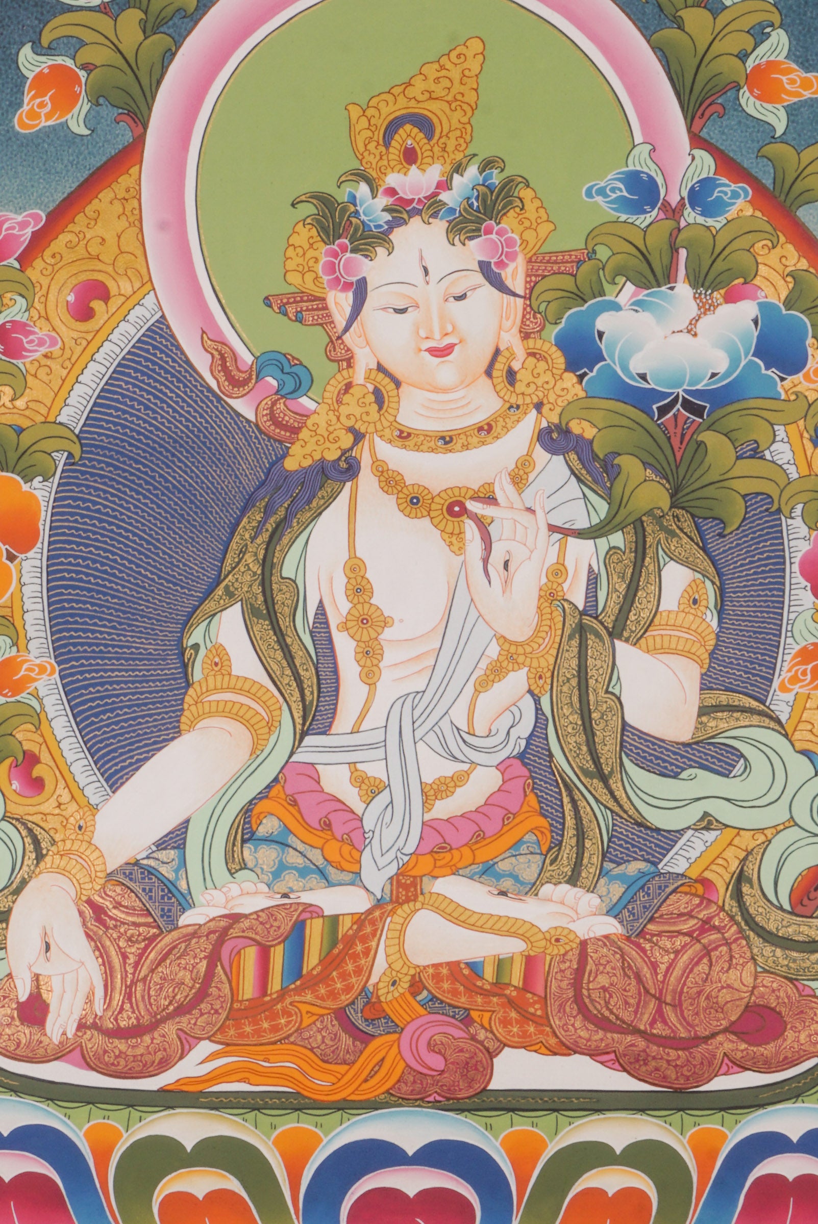 This authentic White Tara Thangka is a sacred symbol of healing, compassion, and longevity, hand-painted on genuine canvas using traditional mineral pigments. Its serene presence brings blessings and protection, making it a meaningful addition to any spiritual space or a heartfelt gift for seekers.