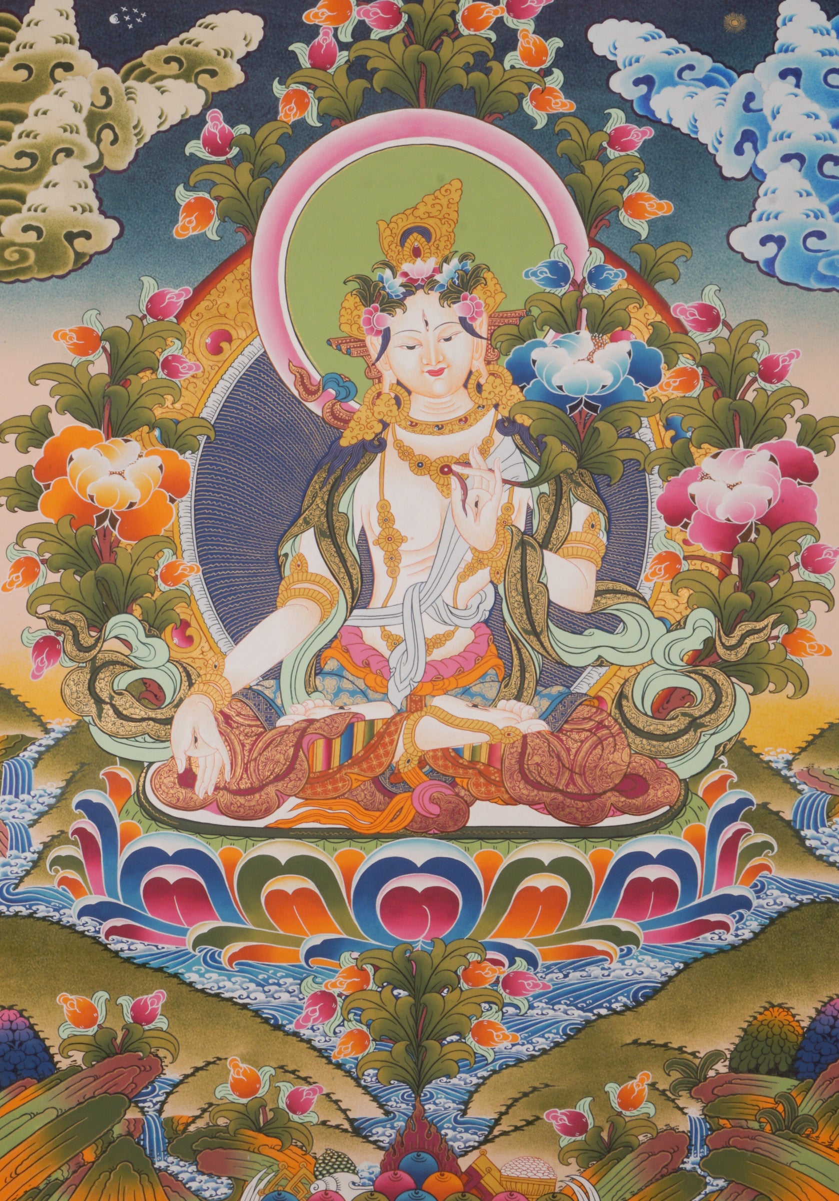 This authentic White Tara Thangka is a sacred symbol of healing, compassion, and longevity, hand-painted on genuine canvas using traditional mineral pigments. Its serene presence brings blessings and protection, making it a meaningful addition to any spiritual space or a heartfelt gift for seekers.