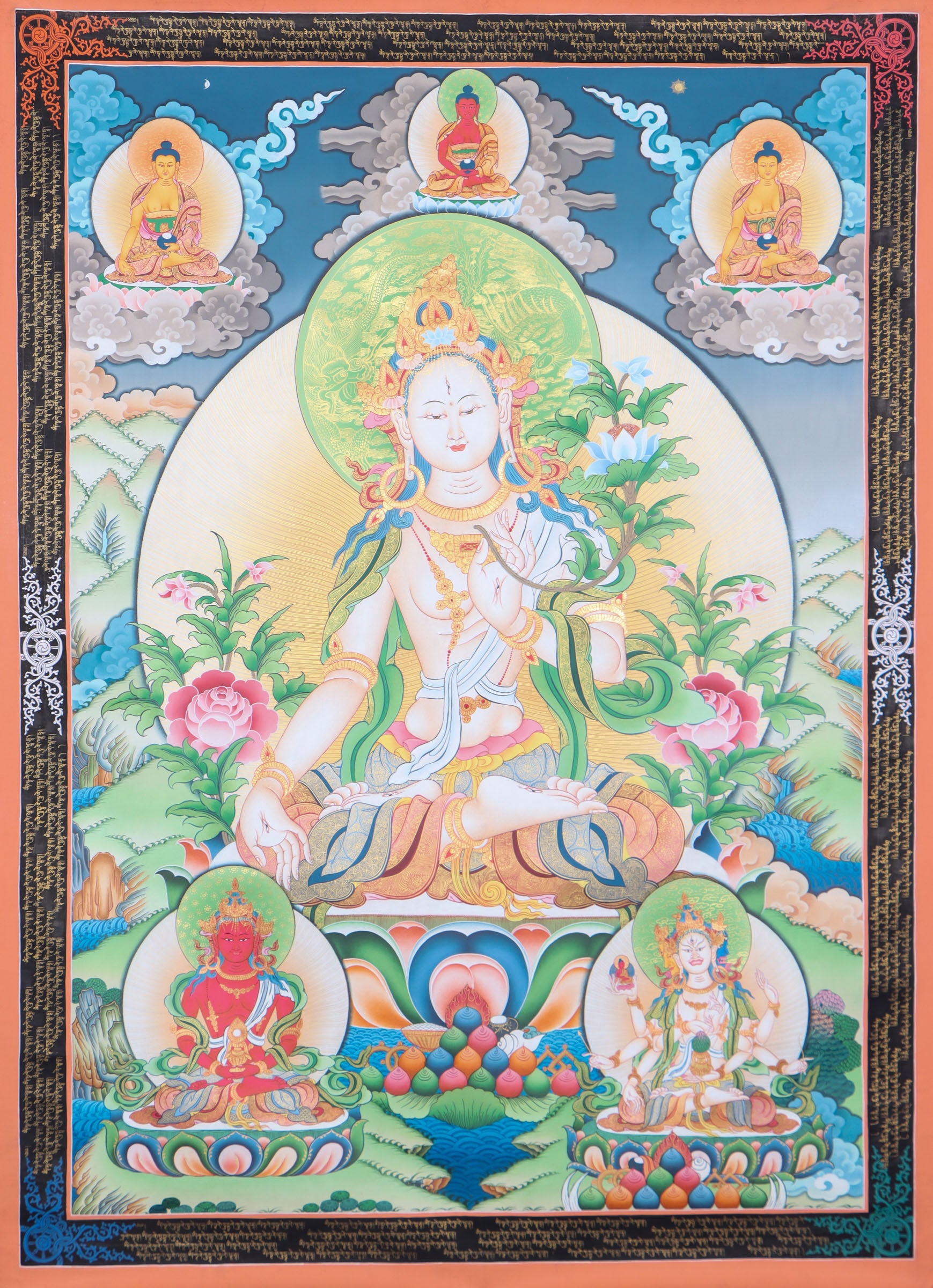 This genuine White Tara Thangka is a sacred Tibetan painting that symbolizes compassion, purity, and healing. Hand-painted with natural mineral colors by skilled artisans, it depicts White Tara with seven eyes and graceful lotus imagery, offering blessings of longevity, peace, and protection.