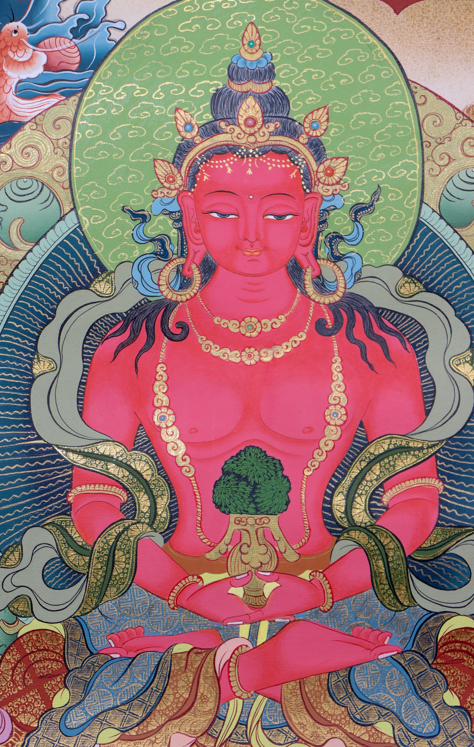 This genuine White Tara Thangka is a captivating piece of Tibetan art symbolizing compassion, purity, and healing. Hand-painted by skilled artisans using all-natural mineral pigments, it features White Tara seated in serene grace with seven vigilant eyes, offering blessings of peace, longevity, and spiritual protection.