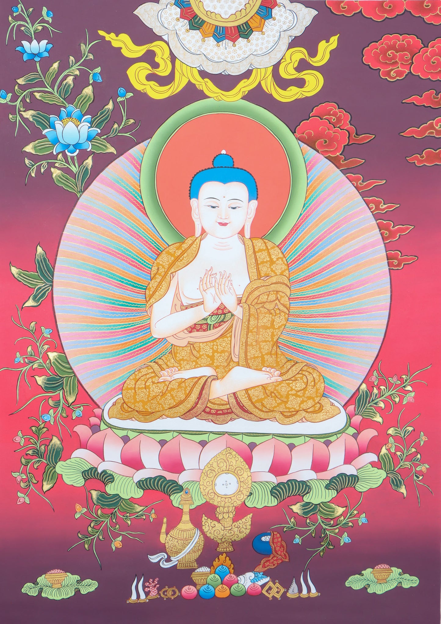 Vairocana Buddha is a revered figure in Tibetan Buddhism, a spiritual artwork, symbolizing his enlightenment and the dharma's illuminating power. 