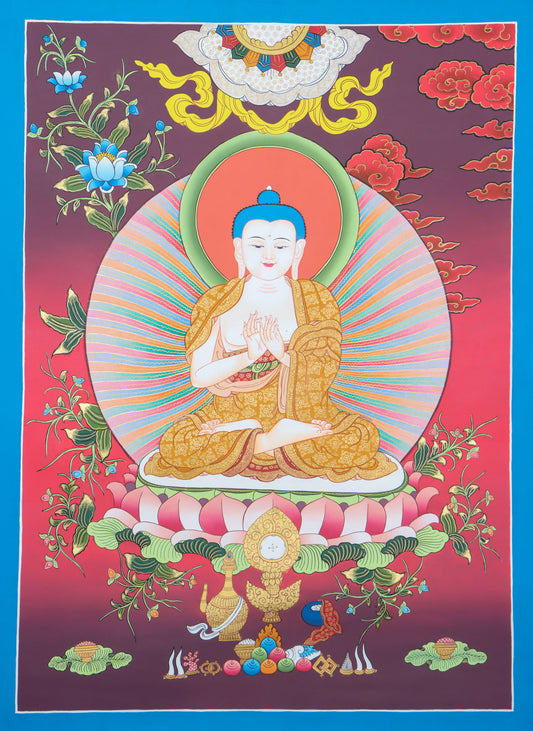 Vairocana Buddha is a revered figure in Tibetan Buddhism, a spiritual artwork, symbolizing his enlightenment and the dharma's illuminating power. 