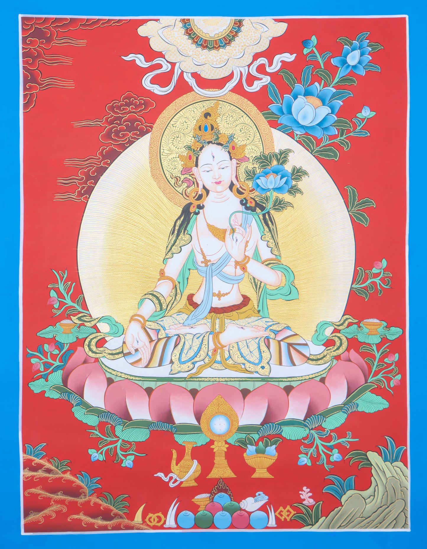 Tibetan White Tara Thangka painting for spiritual ambience in your home altar.