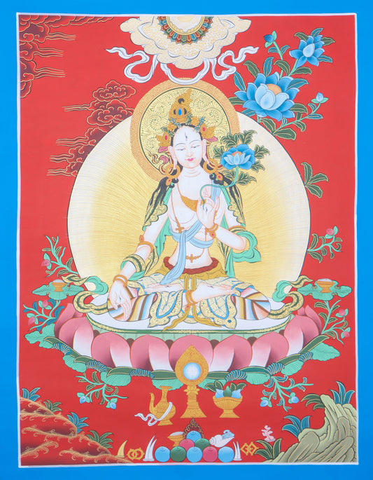 Tibetan White Tara Thangka painting for spiritual ambience in your home altar.