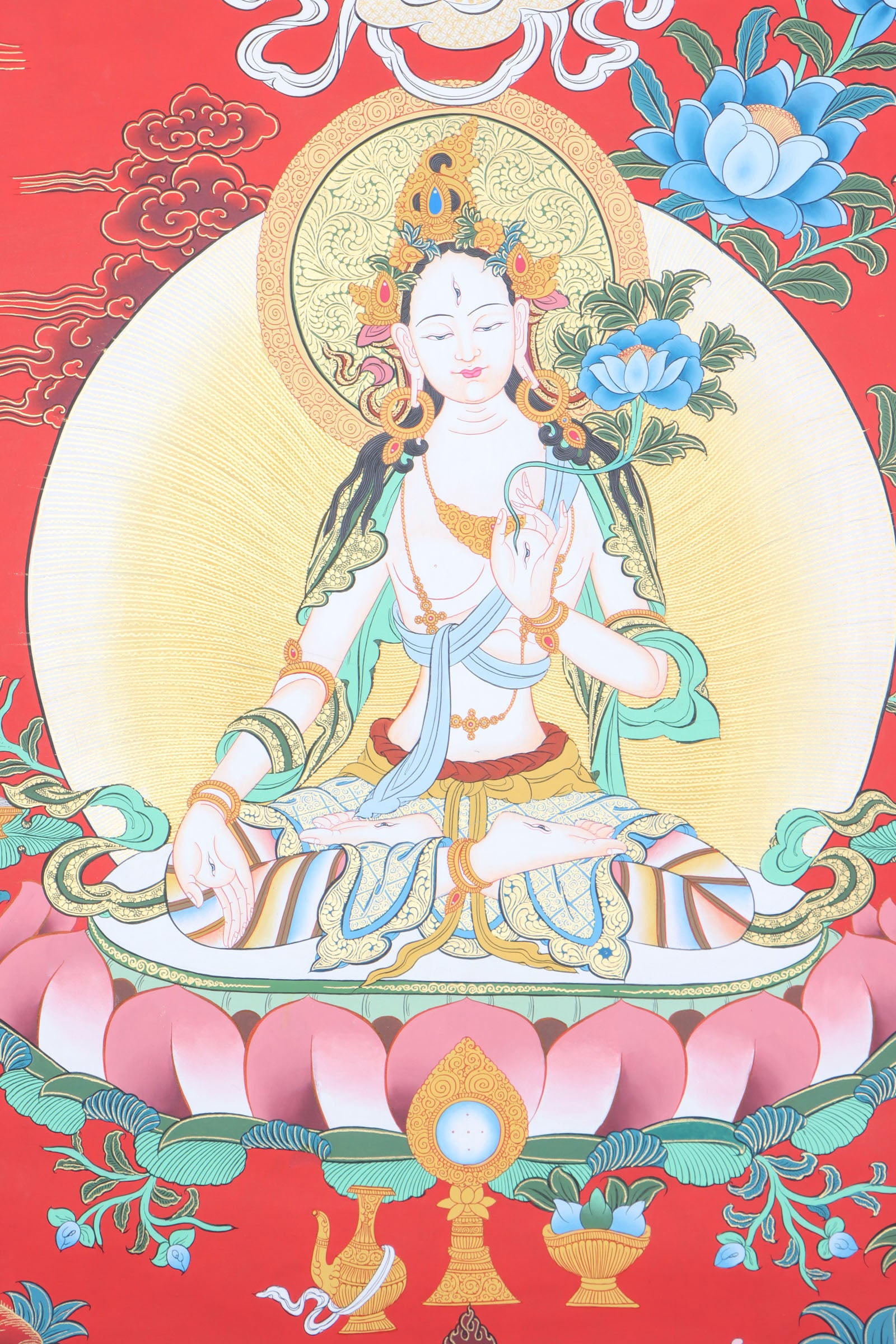 Tibetan White Tara Thangka painting for spiritual ambience in your home altar.