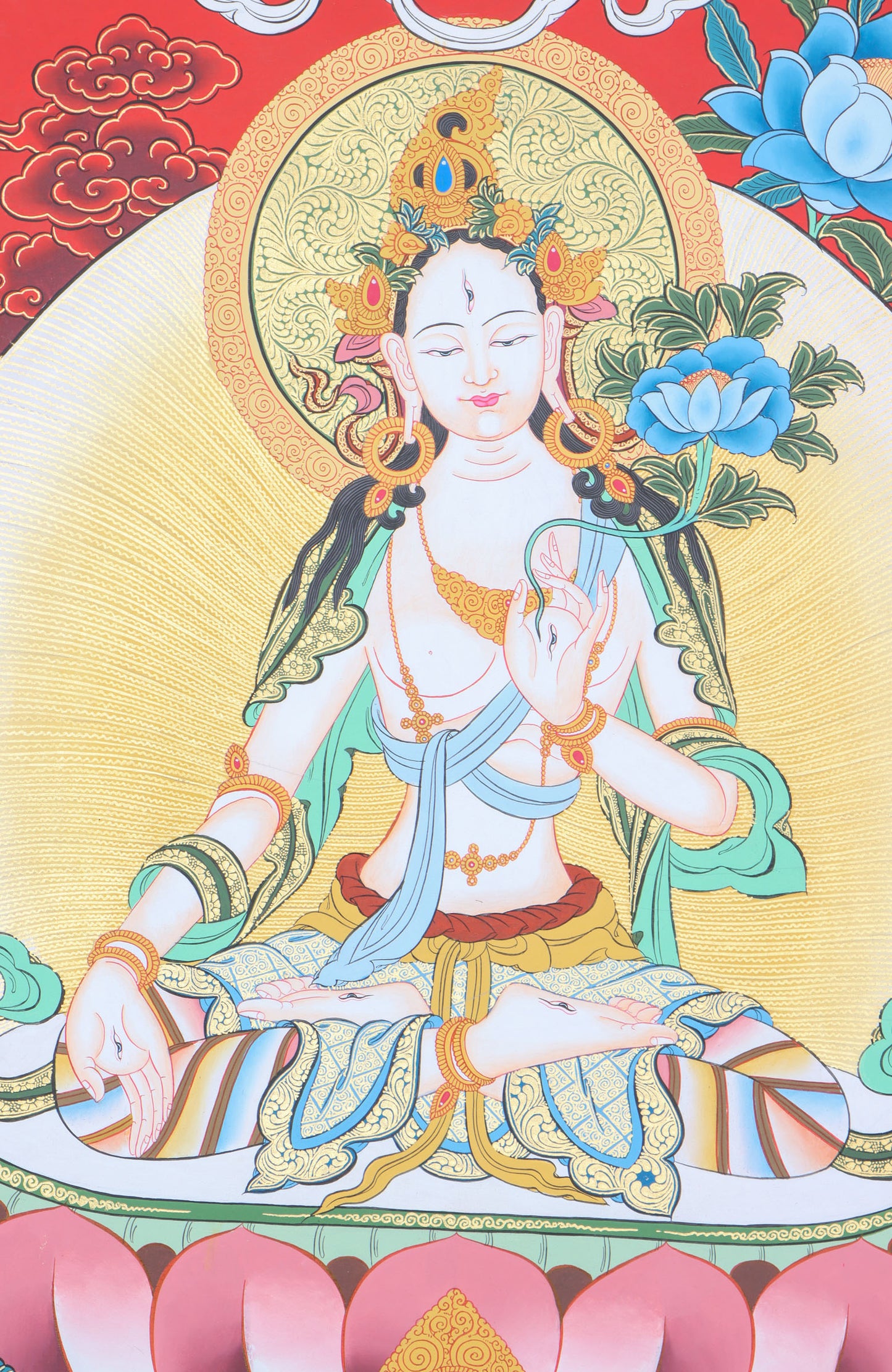 Tibetan White Tara Thangka painting for spiritual ambience in your home altar.