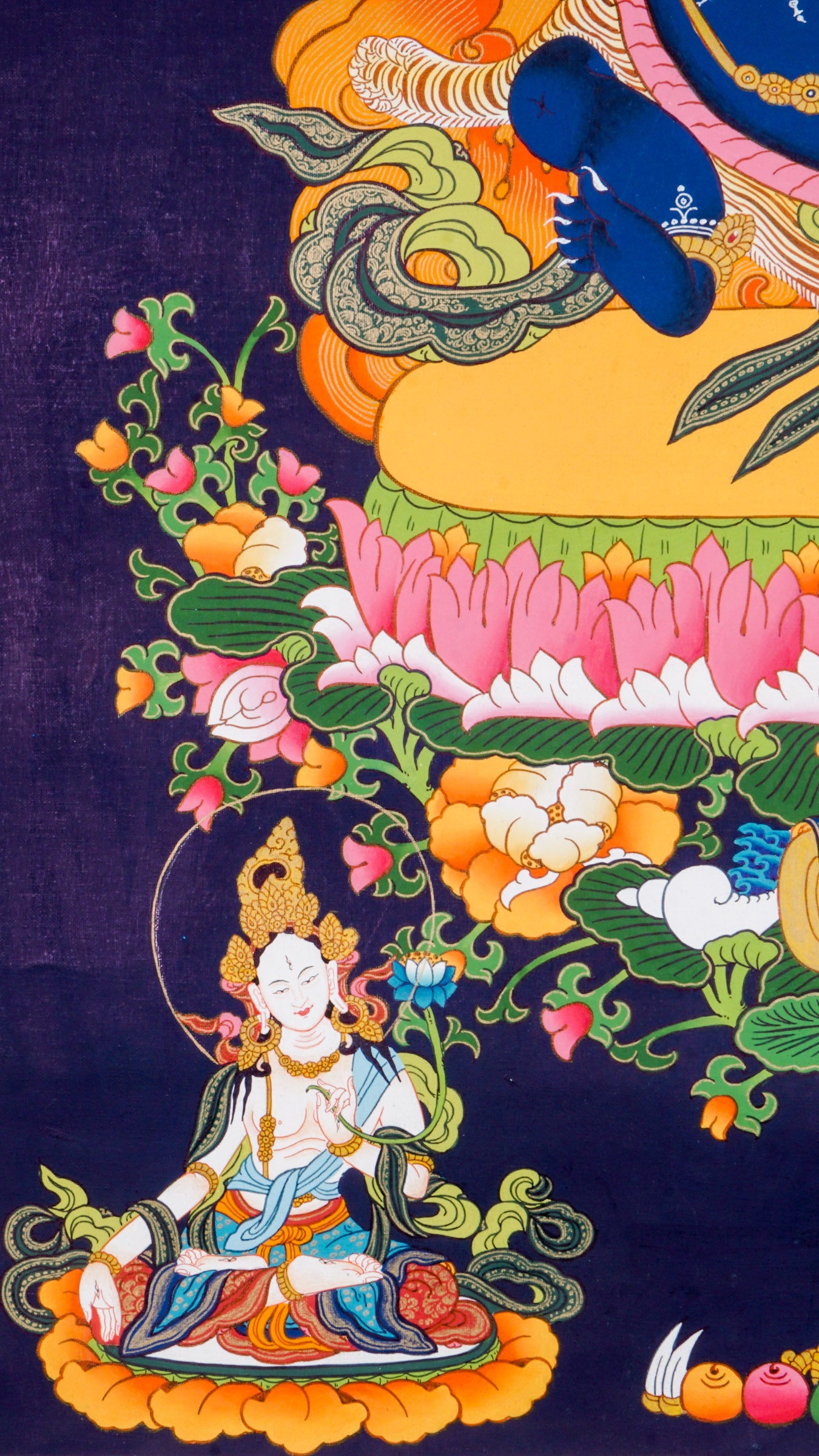 Traditional Tibetan thangka painting depicting wrathful Vajrapani, a blue-skinned deity in a powerful dynamic pose on a lotus throne, surrounded by blazing flames, clouds, and ornate symbolic details against a deep blue background.