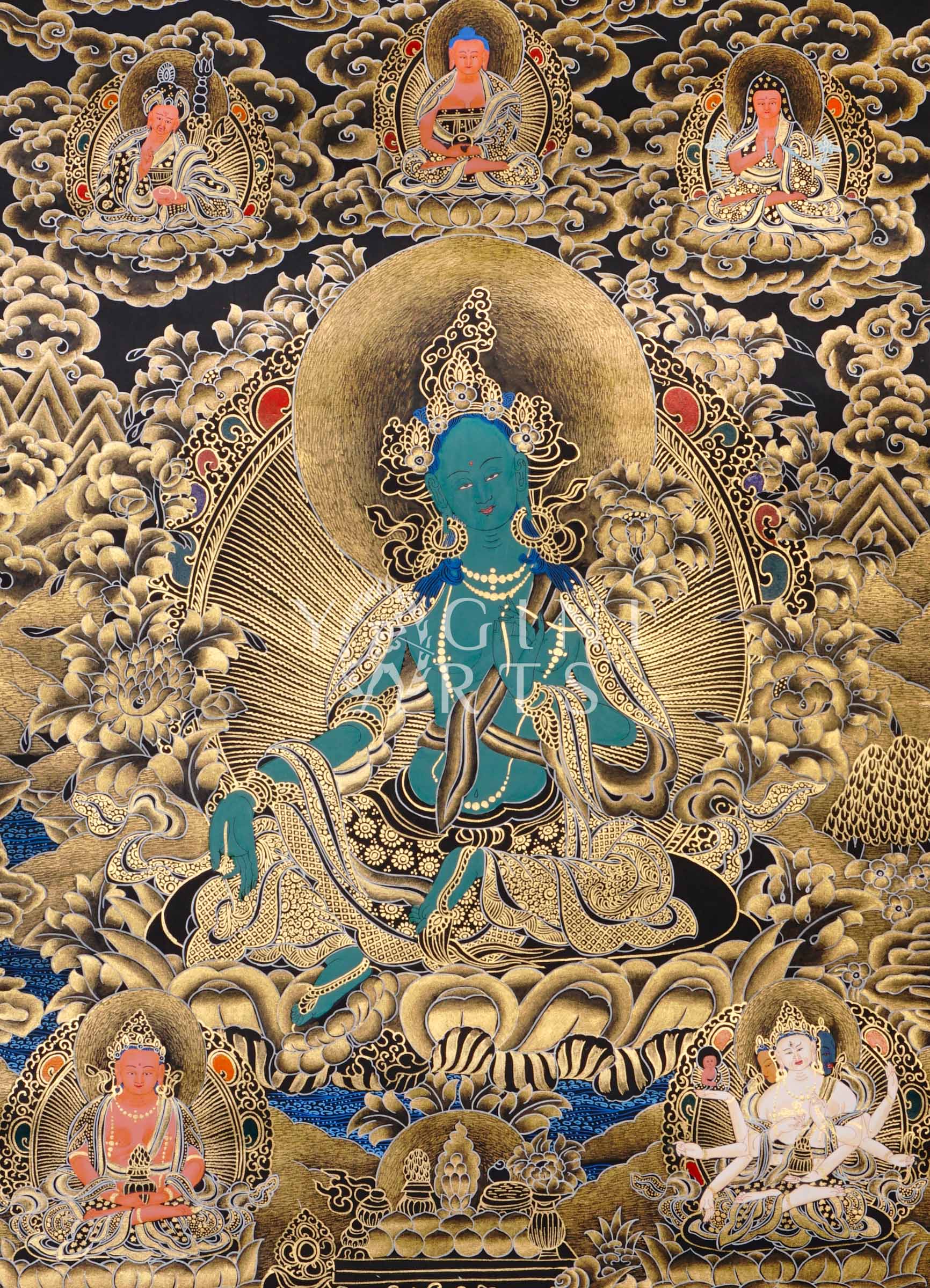 Black and Gold Green Tara thangka featuring the  Buddhist goddess seated on a lotus throne surrounded by golden floral motifs and celestial figures