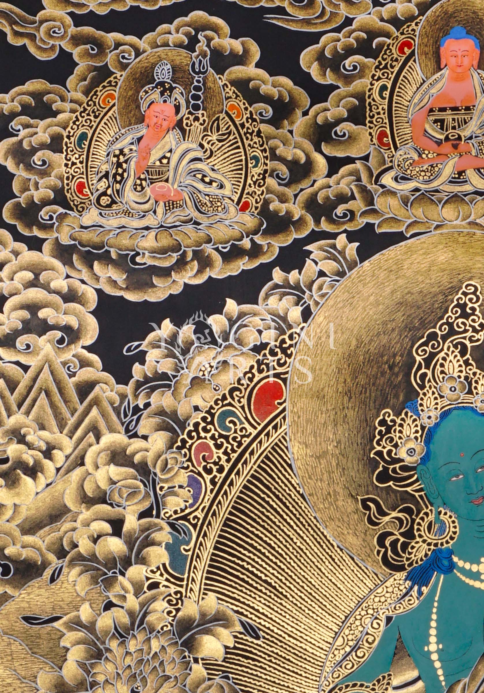 Black and Gold Green Tara thangka featuring the  Buddhist goddess seated on a lotus throne surrounded by golden floral motifs and celestial figures