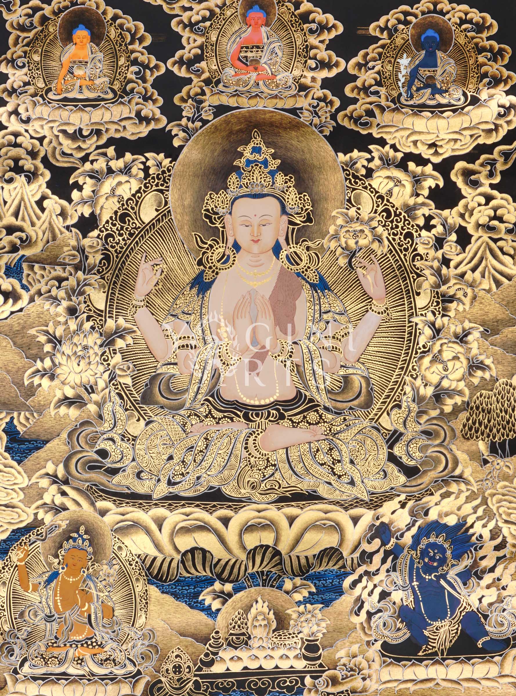 Black and Gold Chenrezig thangka featuring four-armed Avalokiteshvara seated on a lotus throne surrounded by intricate golden floral motifs and celestial Buddhas