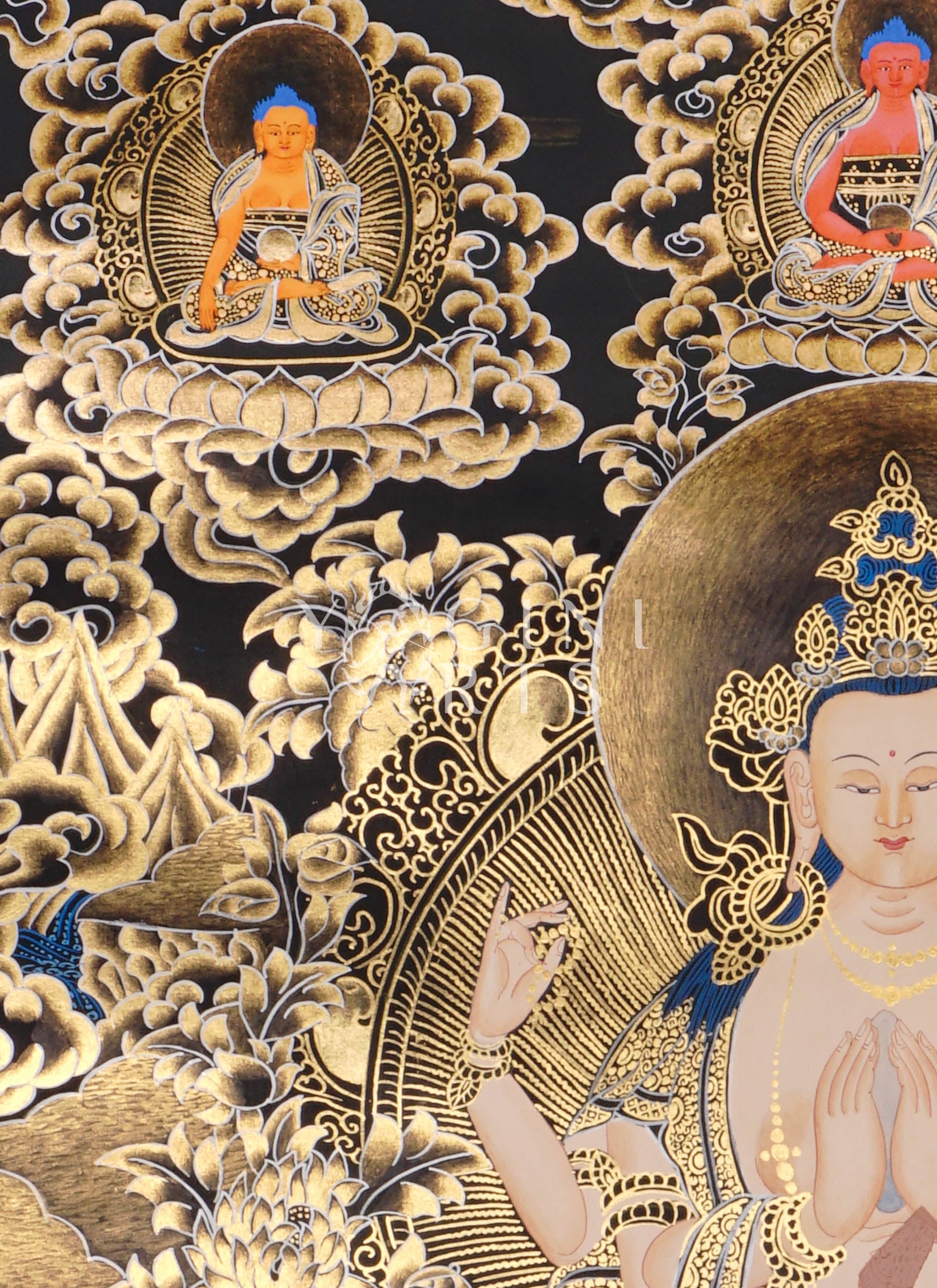 Black and Gold Chenrezig thangka featuring four-armed Avalokiteshvara seated on a lotus throne surrounded by intricate golden floral motifs and celestial Buddhas