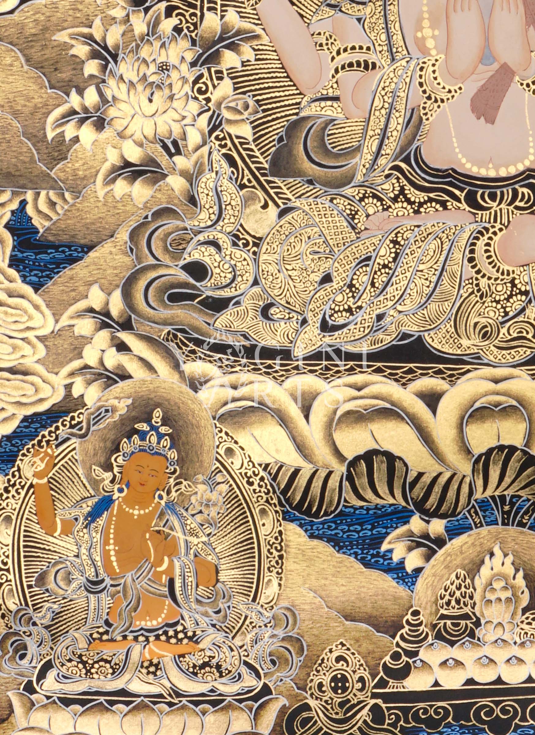 Black and Gold Chenrezig thangka featuring four-armed Avalokiteshvara seated on a lotus throne surrounded by intricate golden floral motifs and celestial Buddhas