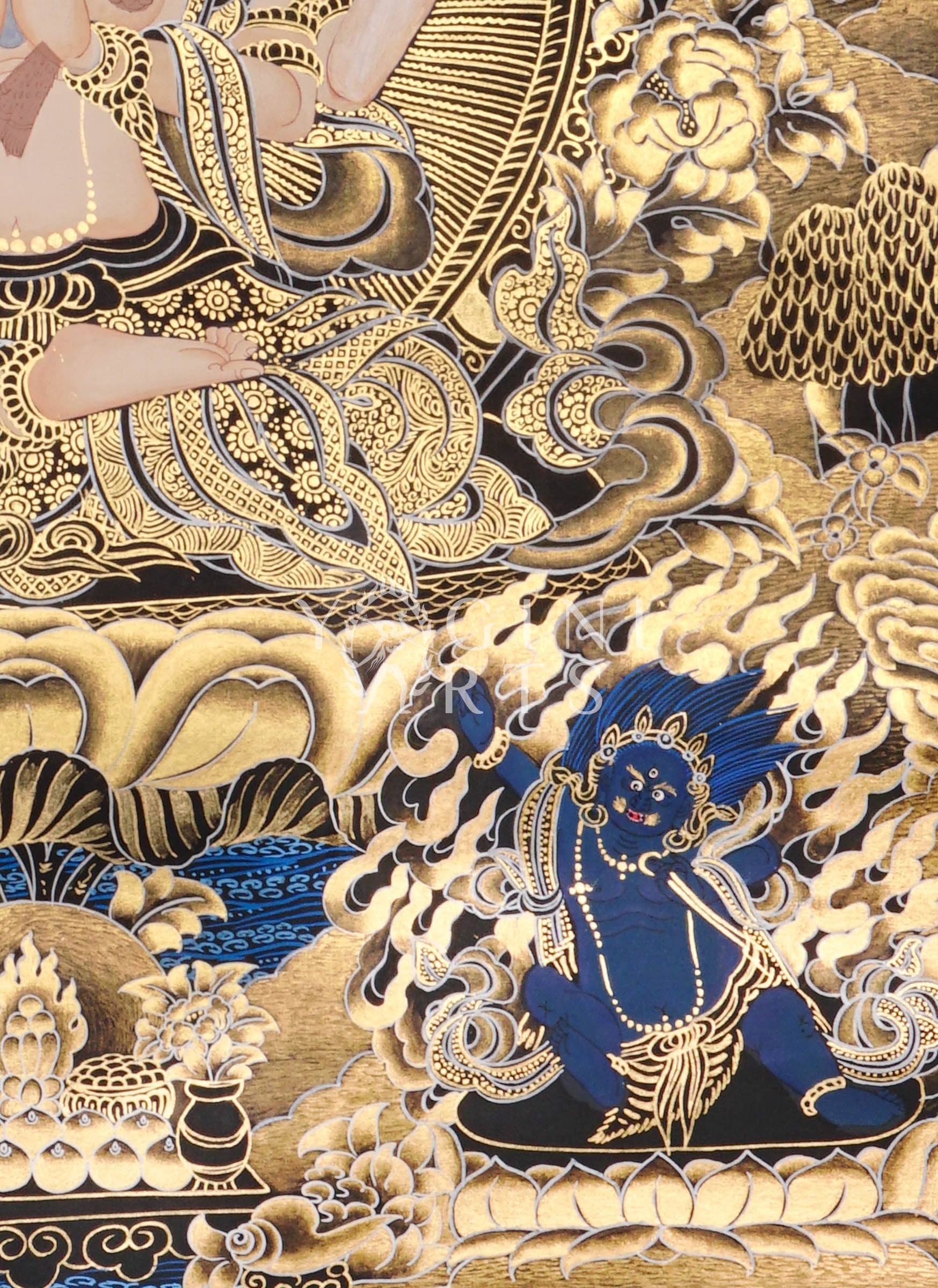 Black and Gold Chenrezig thangka featuring four-armed Avalokiteshvara seated on a lotus throne surrounded by intricate golden floral motifs and celestial Buddhas